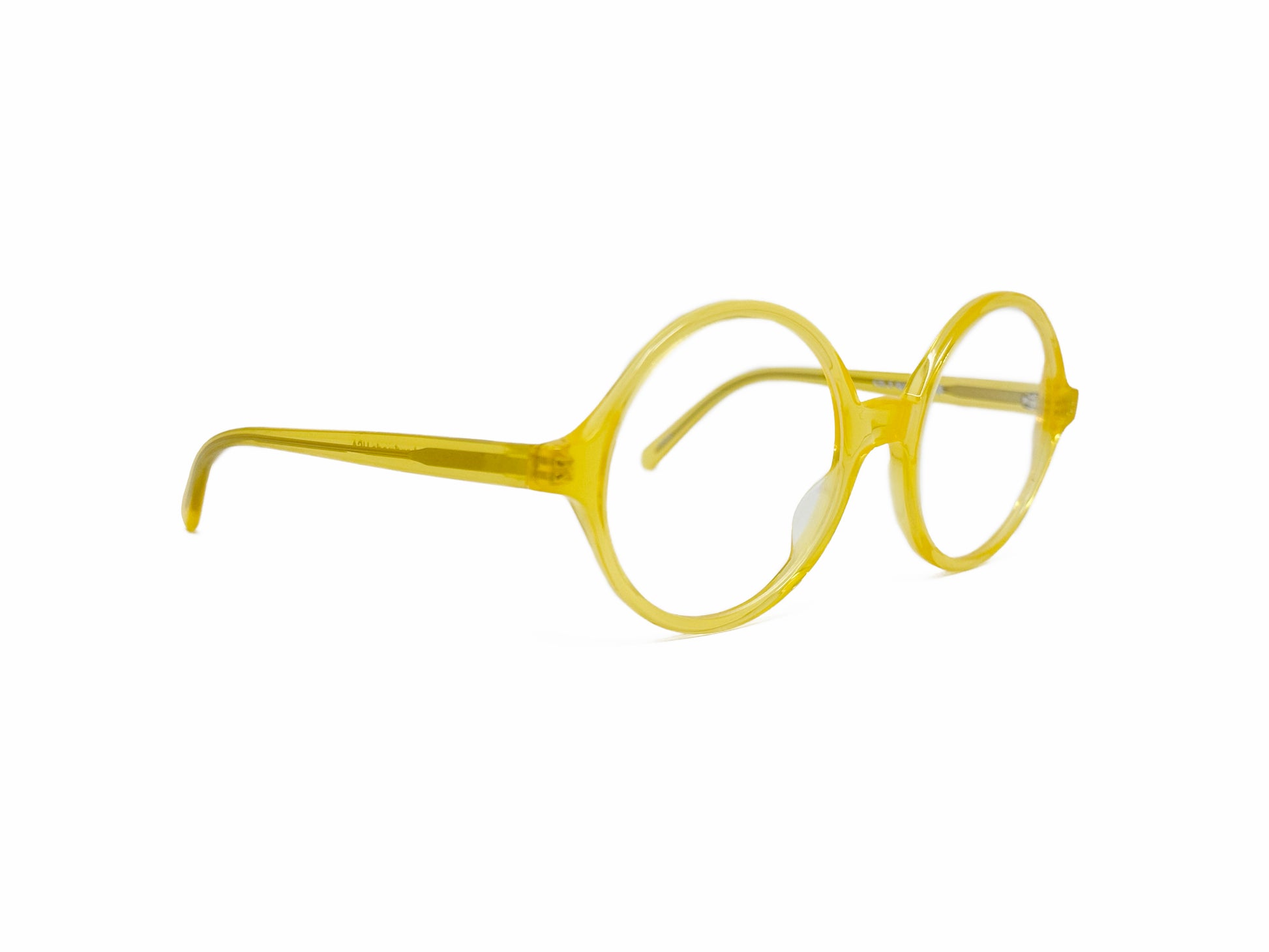Kala Eyewear round acetate optical frames. Model: Oasis. Color: Yellow. Side view.