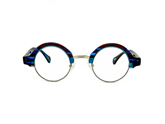 Kala Eyewear round, half-eye metal & acetate optical frame. Model: Omega. Color: PBSS - Red and blue swirl. Front view. 