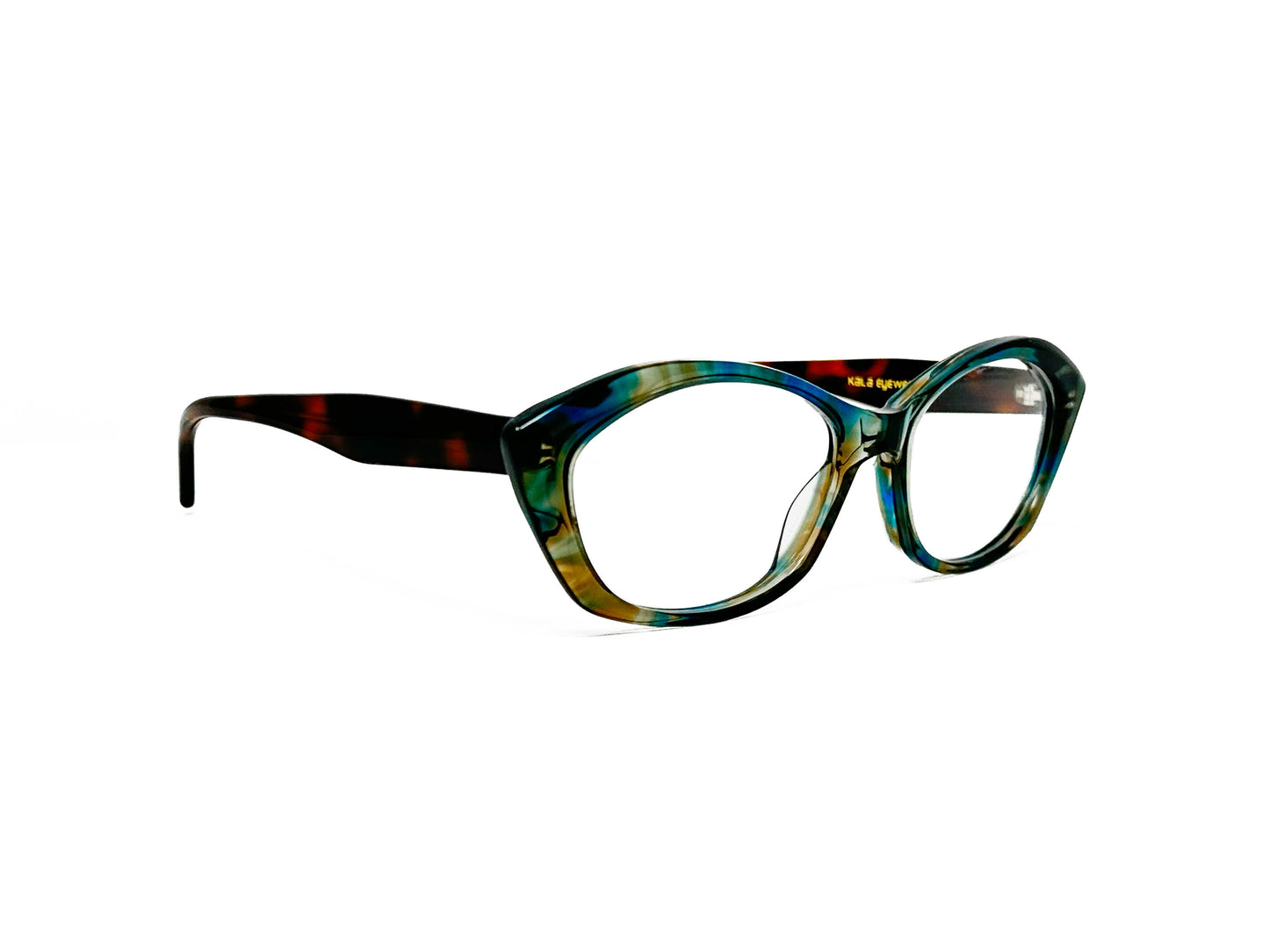 Kala Eyewear acetate cat-eye optical frame. Model: Suzy. Color: AAR Blue and green tortoise. Side view.