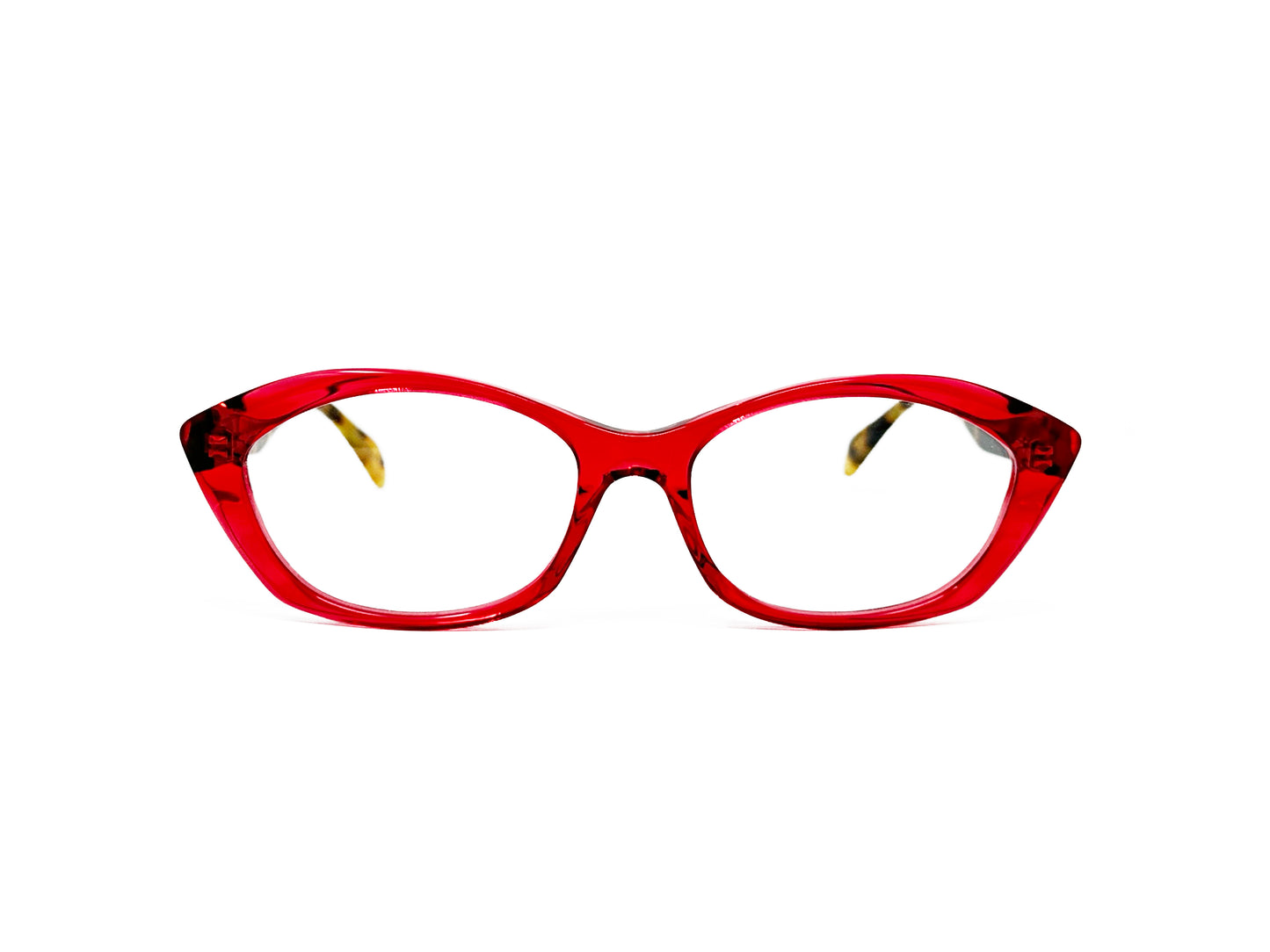 Kala Eyewear acetate cat-eye optical frame. Model: Suzy. Color: CTK - Semi-transparent red with yellow-tortoise temples. Front view.