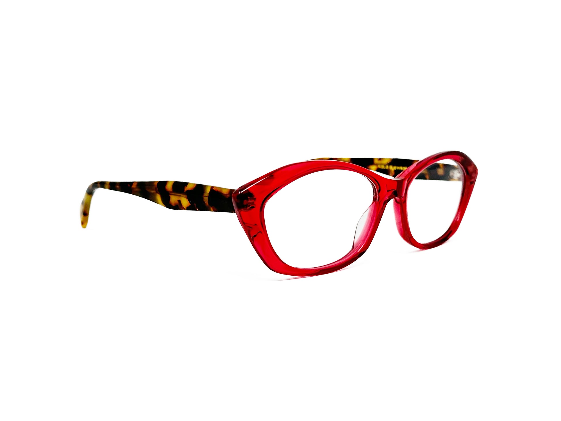 Kala Eyewear acetate cat-eye optical frame. Model: Suzy. Color: CTK - Semi-transparent red with yellow-tortoise temples. Side view.