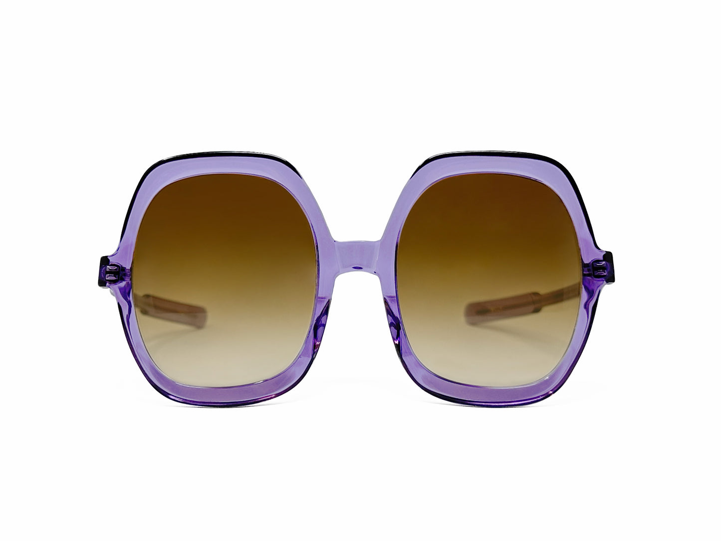 Kala Eyewear large, oval, acetate sunglass. Model: Twiggy. Color: PUC - Transparent Purple. Front view.