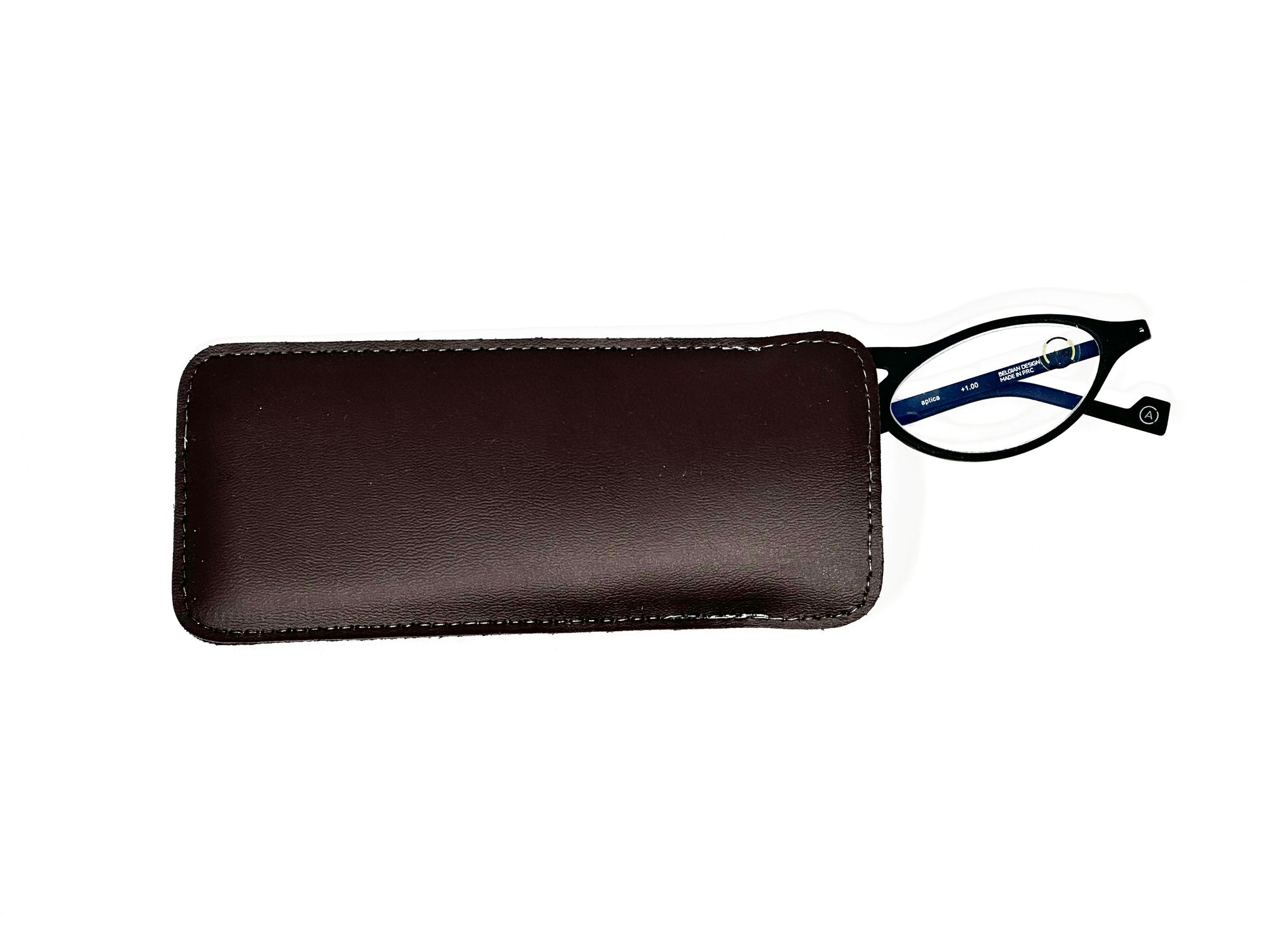 Thin, compact leather slip-in case in Brown with glasses inside