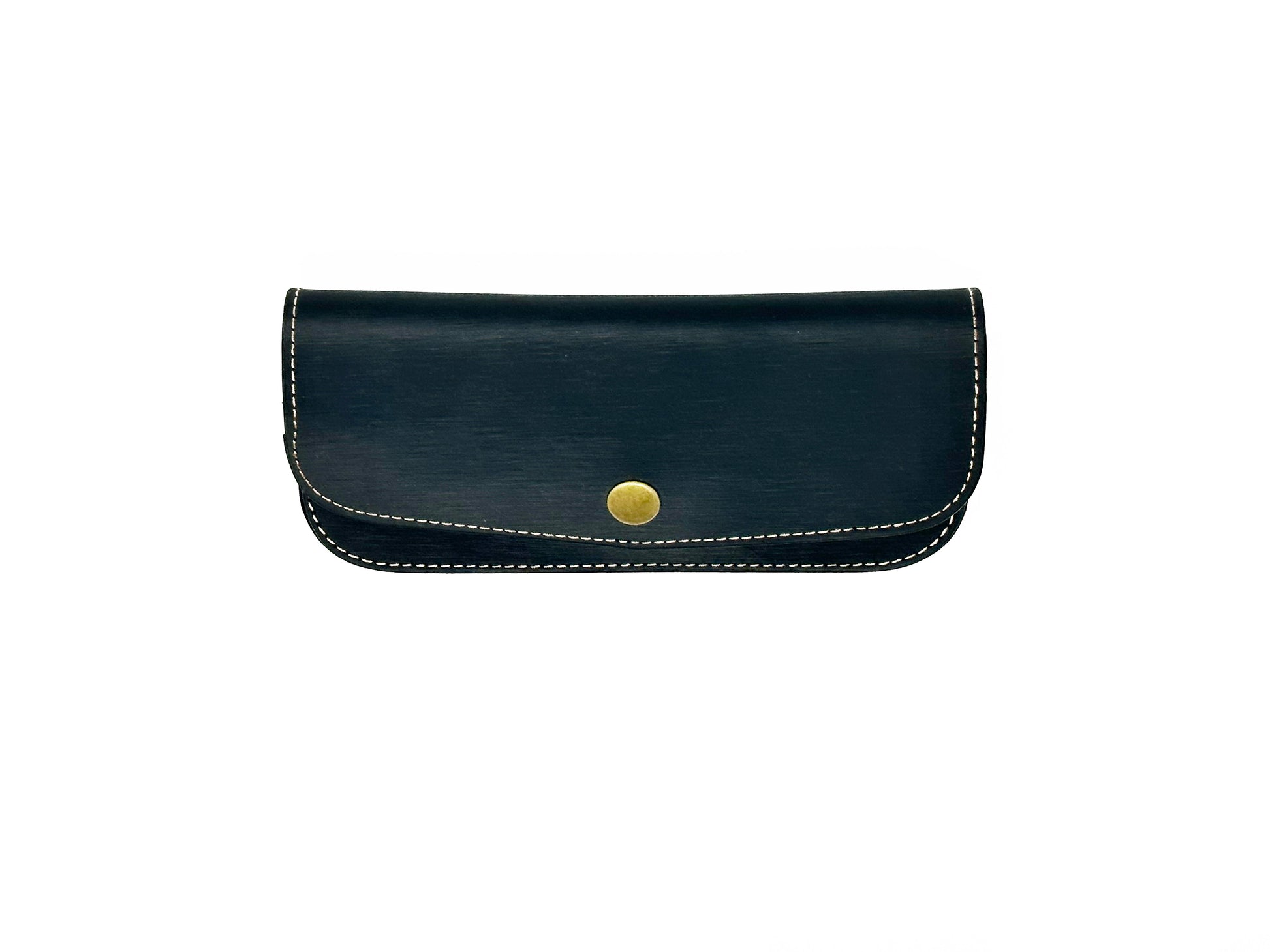 Black leather snap case with gold button and white stitching