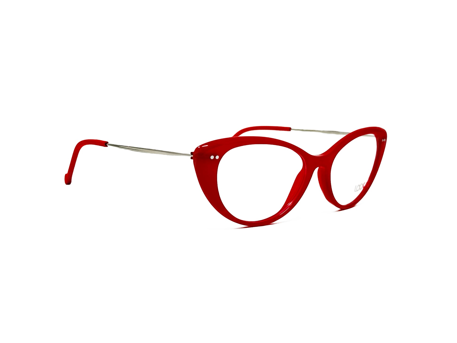 Look cat-eye acetate optical frame. Model: 4512. Color: C2 red. Side view. 