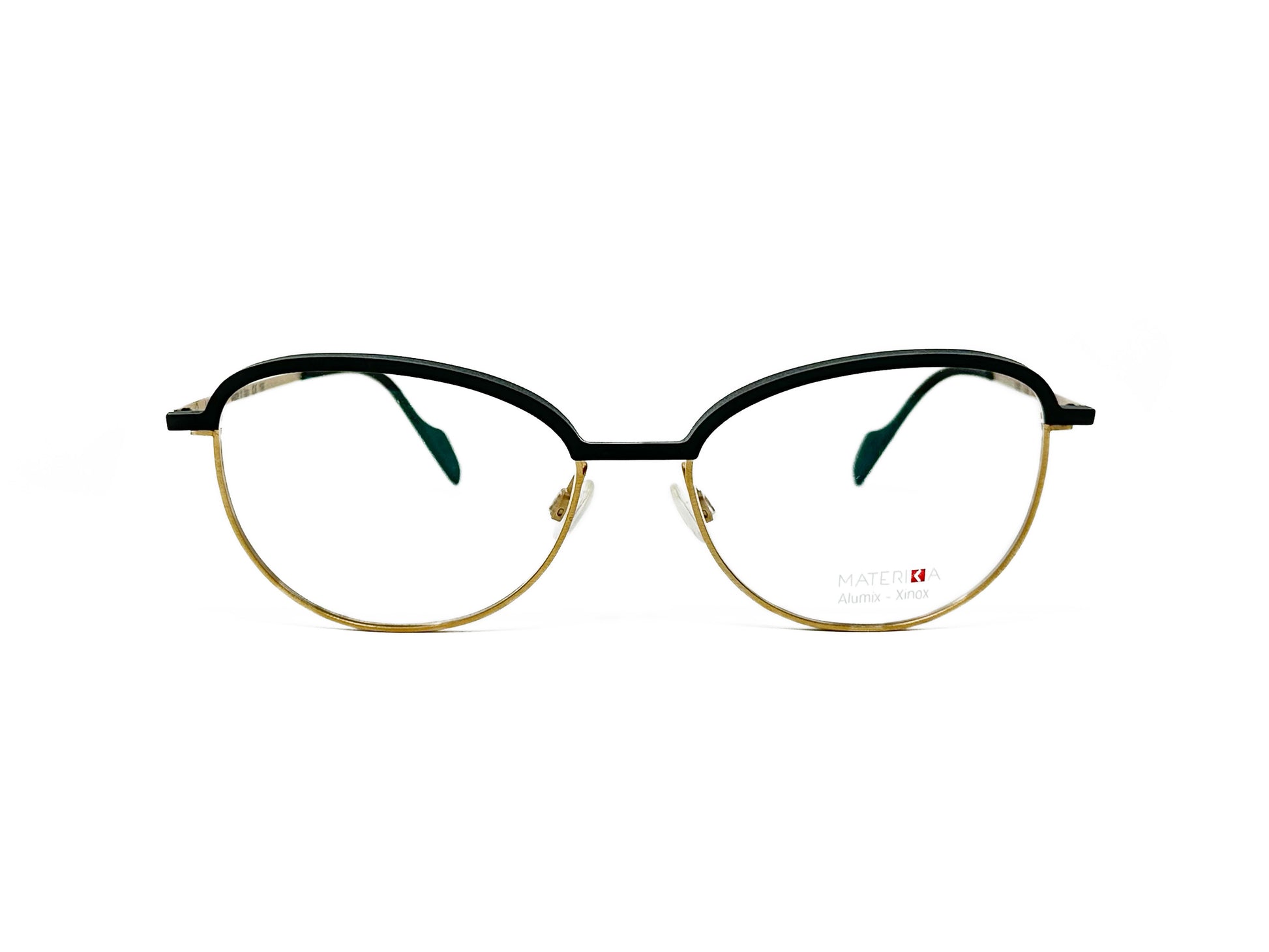 Look half-rim rounded cat-eye optical frame. Model: 70568. Color: M4 - Black top trim with gold metal bottom rim. Front view. 