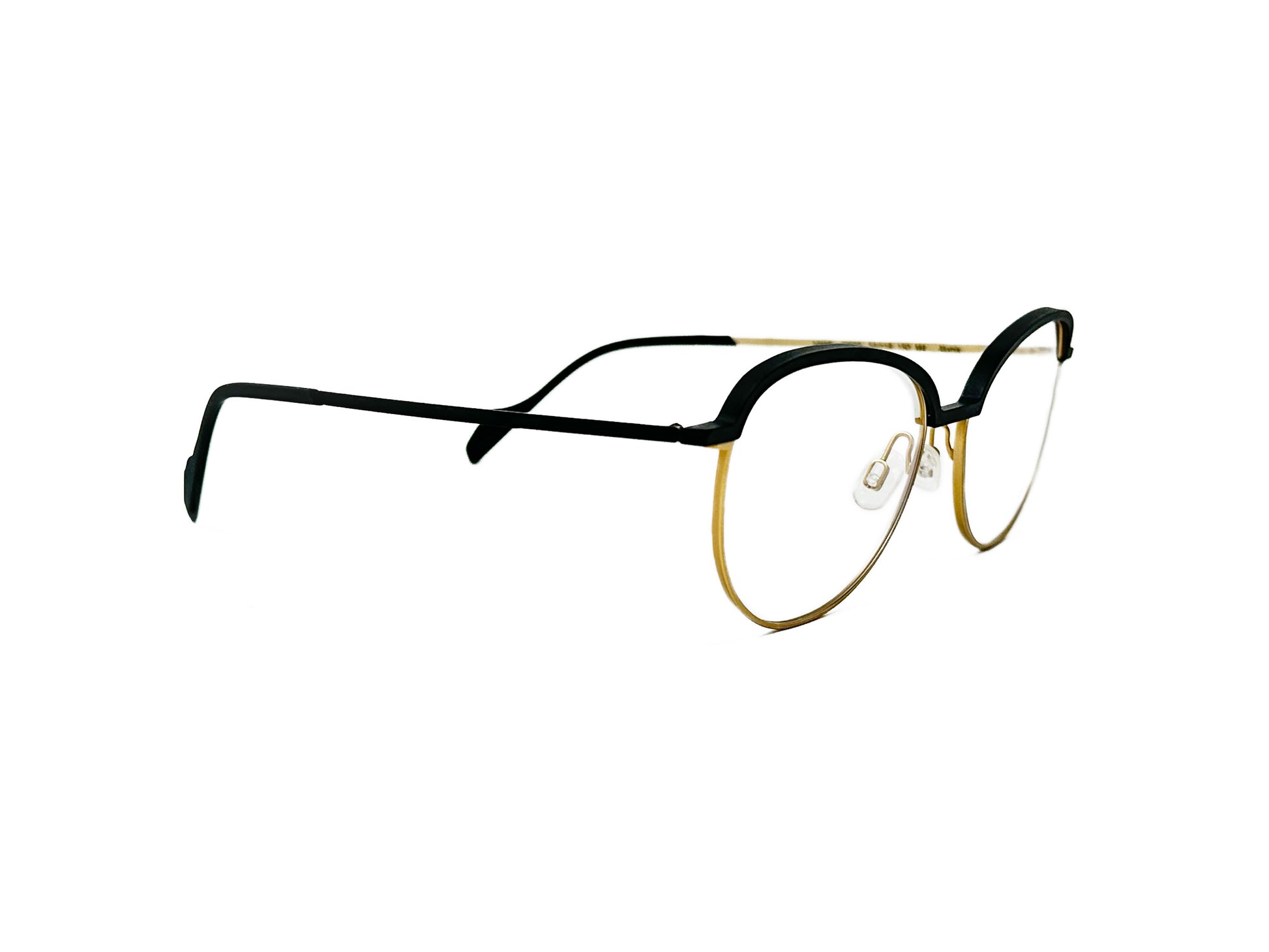 Look half-rim rounded cat-eye optical frame. Model: 70568. Color: M4 - Black top trim with gold metal bottom rim. Side view. 