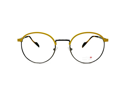 Look round, half-rim, metal optical frame. Model: 70615. Color: M2 yellow top trim with black metal bottom rim. Front view. 