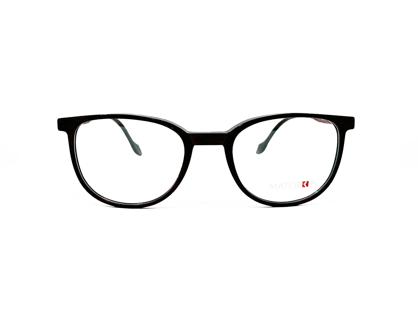 Look semi-rounded, square, acetate optical frame with a flat bridge. Model: 75320. Color: Black with burgundy nose bridge. Front view.  