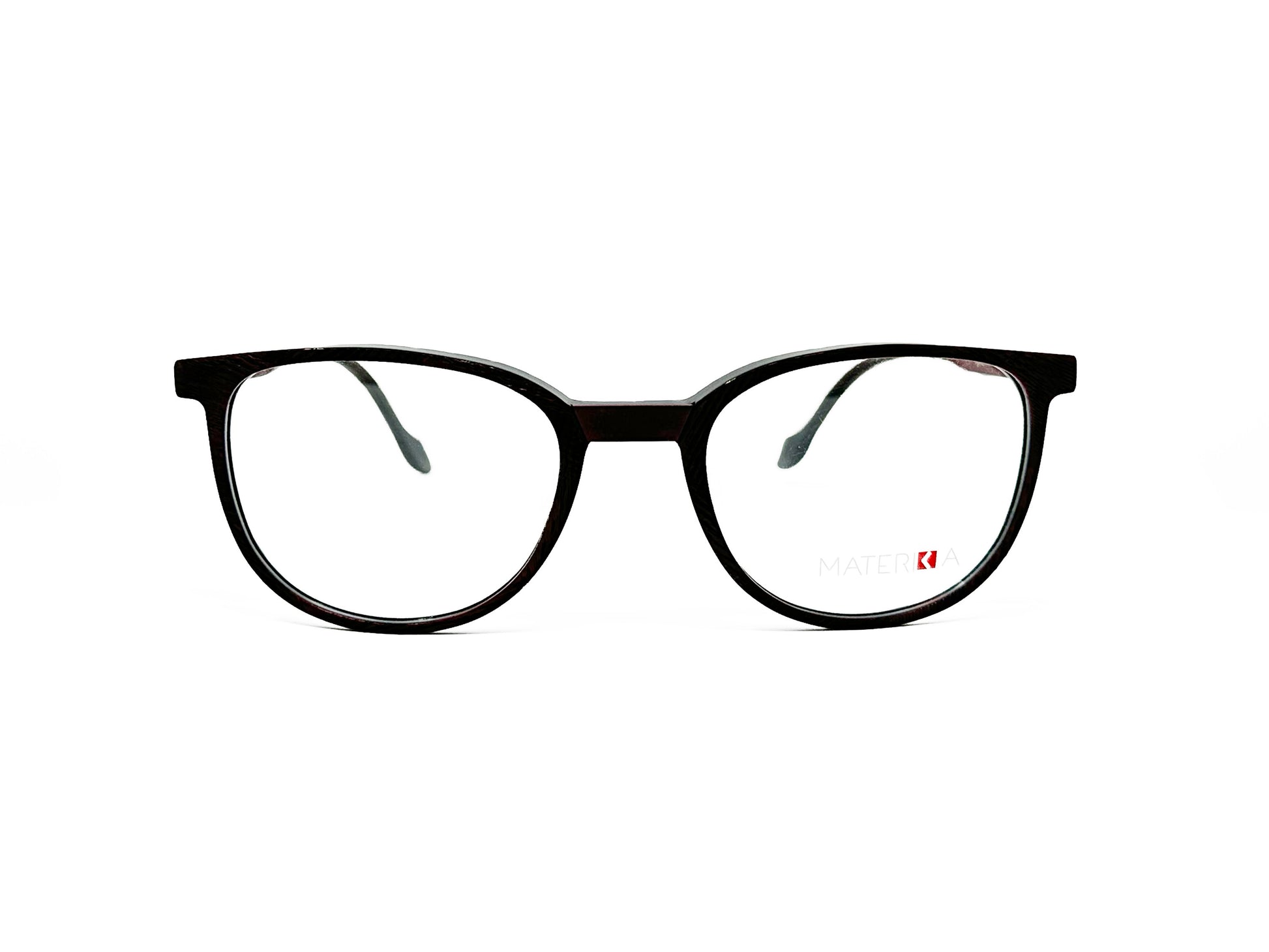 Look semi-rounded, square, acetate optical frame with a flat bridge. Model: 75320. Color: Black with burgundy nose bridge. Front view.  