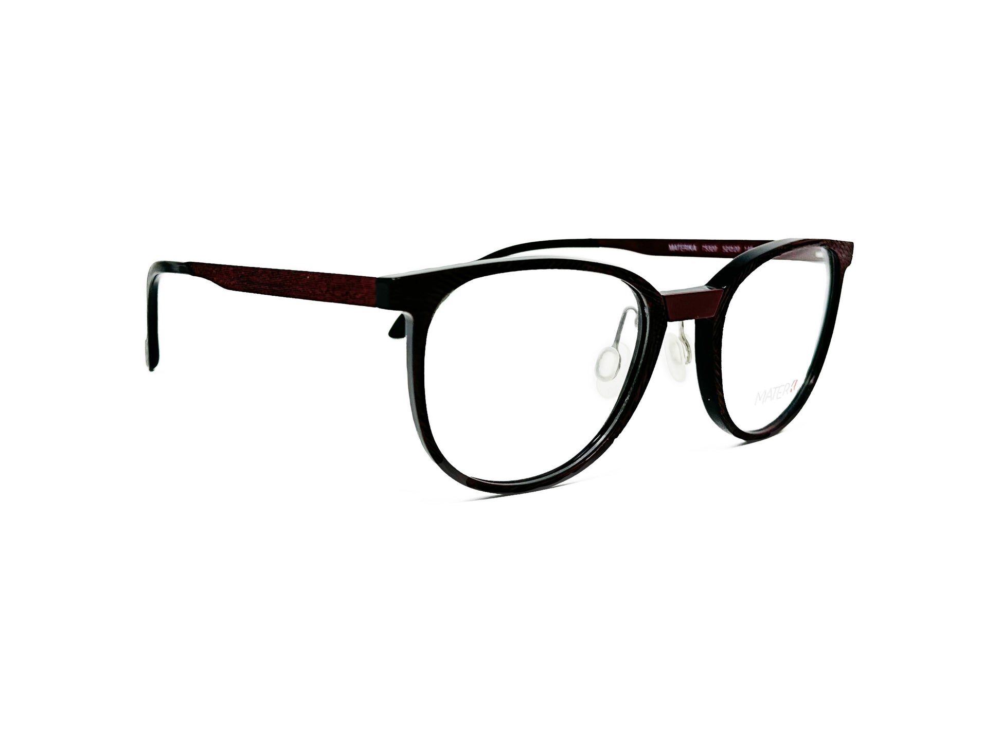 Look semi-rounded, square, acetate optical frame with flat bridge. Model: 75320. Color: Black with burgundy temples and nose bridge. Side view.  