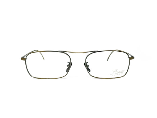 Lunor rectangular, wire optical frame with a curved bar across the top and free-form nose bridge. Model: Legend. Color: AG - antique gold. Front view. 