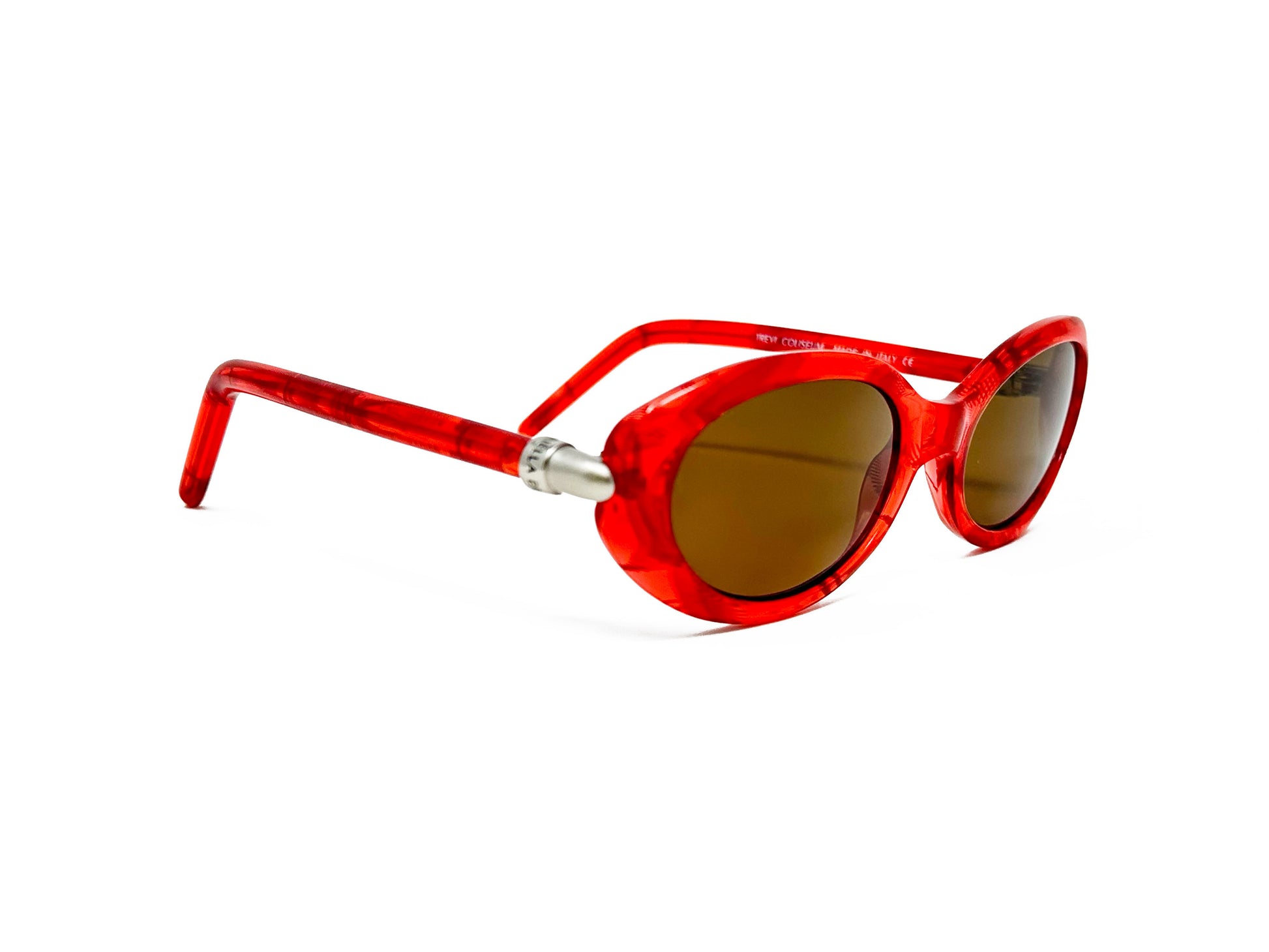 Mariella Burani oval  acetate sunglasses. Model: 2000-1 Color 1 Red with silver metal accents on temple. Side view. 