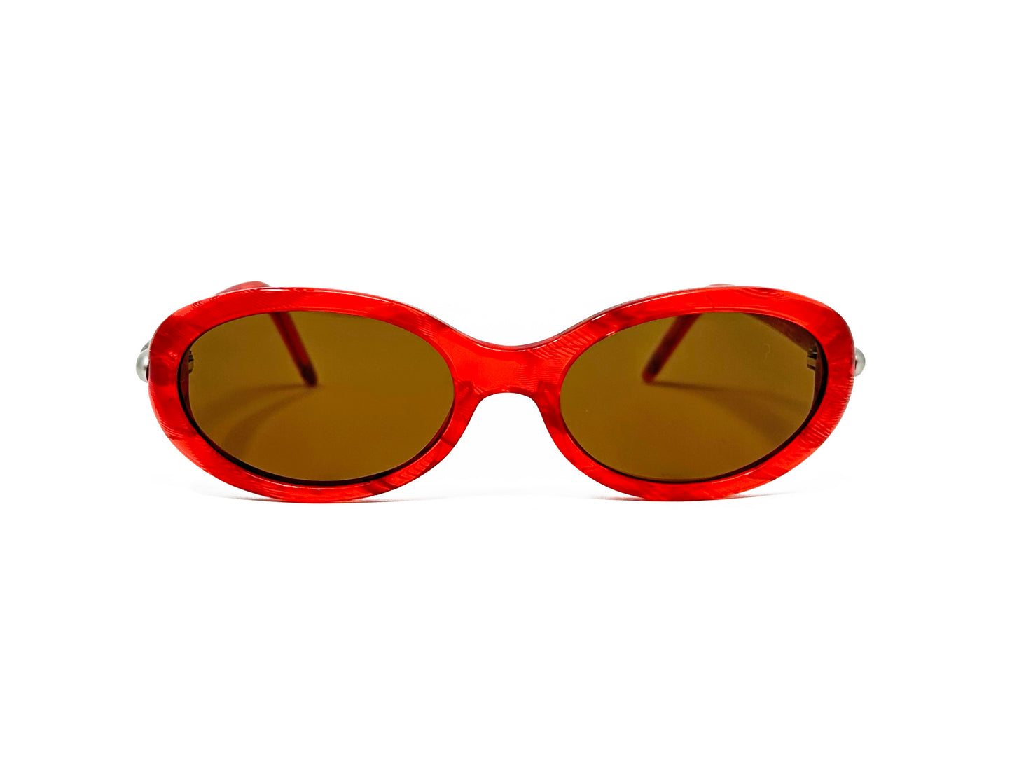 Mariella Burani oval  acetate sunglasses. Model: 2000-1 Color 1 Red with silver metal accents on temple. Front view. 