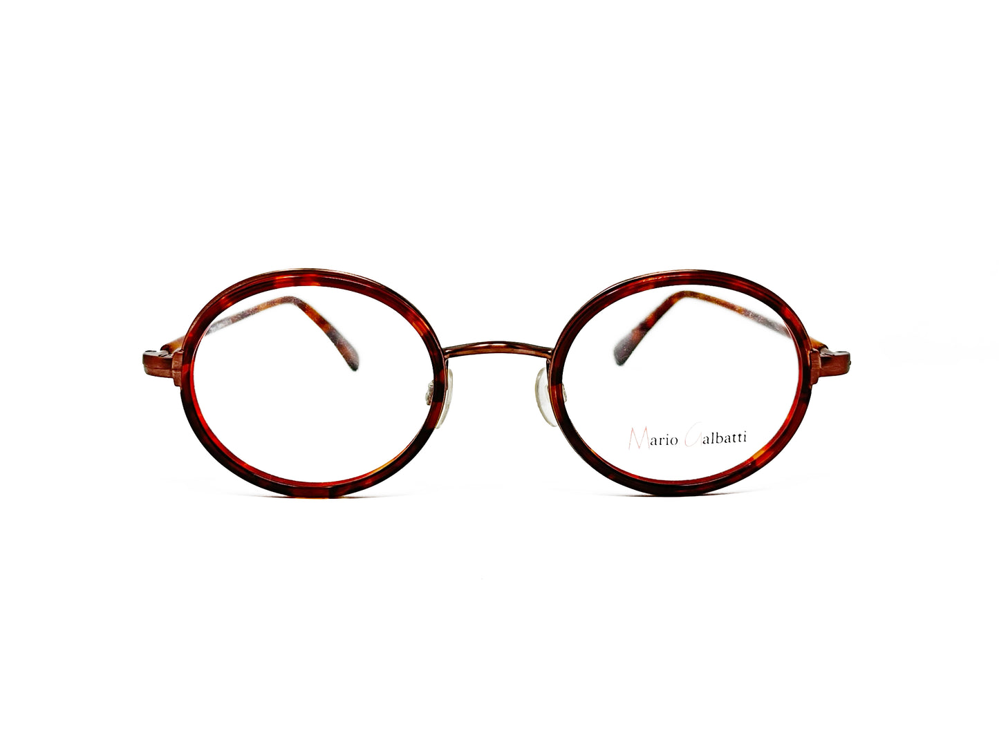 Mario Galbatti round acetate optical frame with metal bridge. Model: MG126. Color: Bronze/Dark Demi. Front view. 