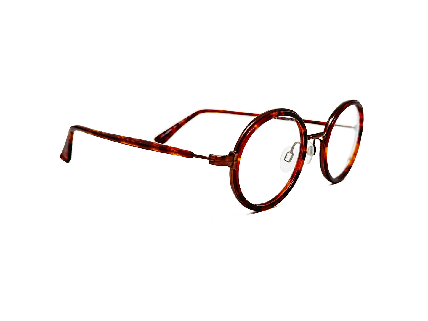 Mario Galbatti round acetate optical frame with metal bridge. Model: MG126. Color: Bronze/Dark Demi. Side view.