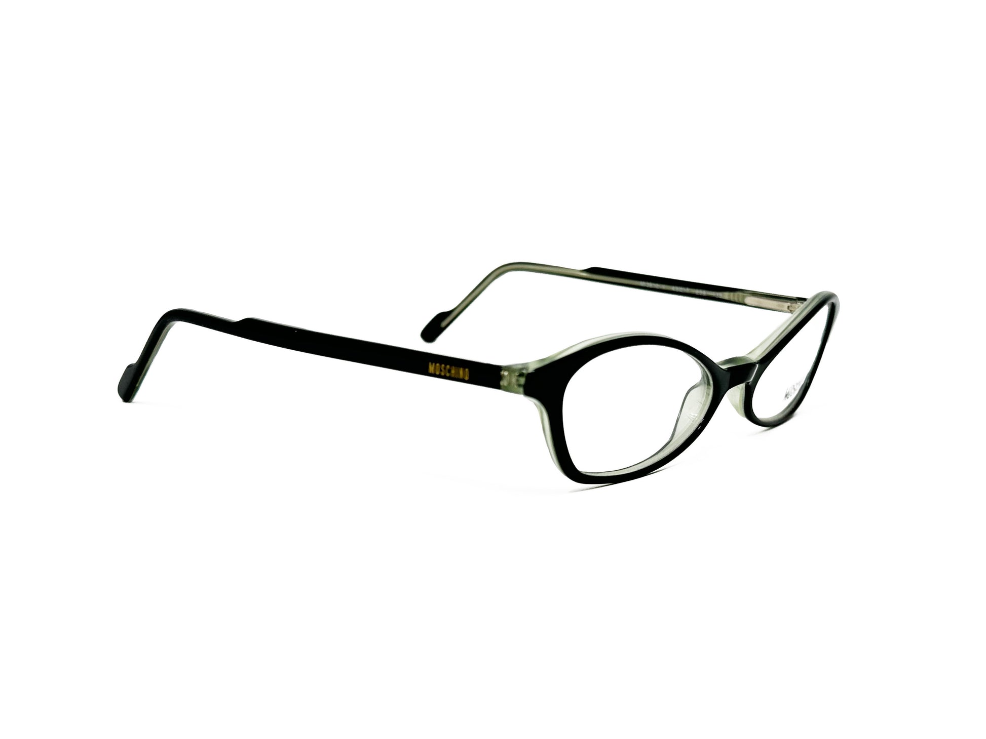 Moschino rectangular cat-eye with deep set bridge optical frame. Model: M3610. Color: 239 Black. Side view. 