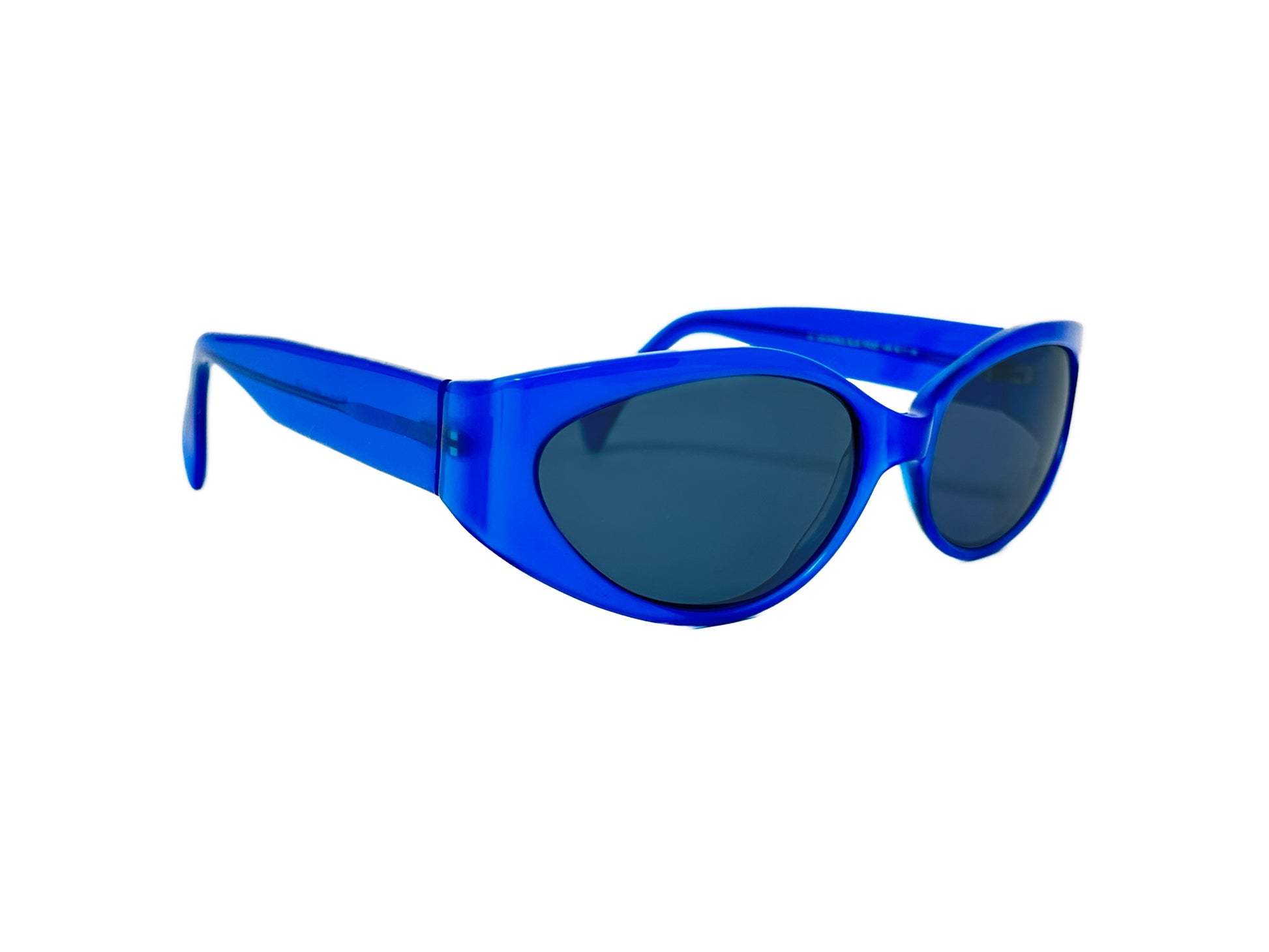 Nicole Miller oval acetate sunglass with flat sides and uplifted lens. Model: 1326 Angels. Color: Blue Frost 1464. Front view. 