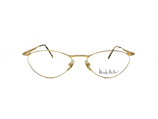 Nicole Miller angled-oval, metal optical frame with pattern embellished on bridge. Model: Electricia. Color: 229 - Gold. Front view.  