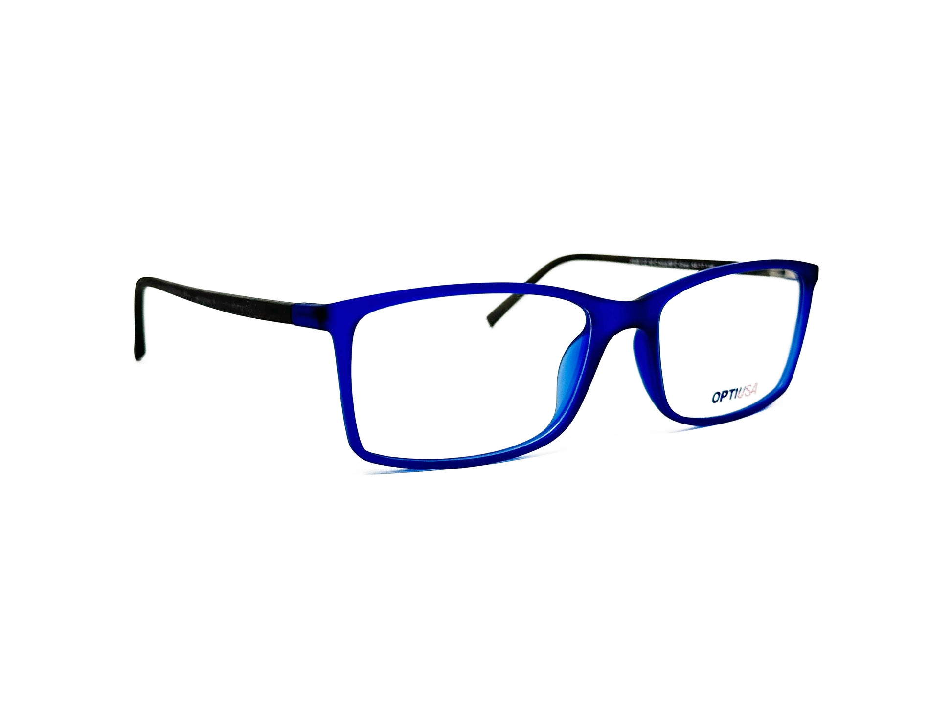 Opti USA rectangular acetate optical frame. Model: 2249. Color: C2 - Soft matte blue. Side view.