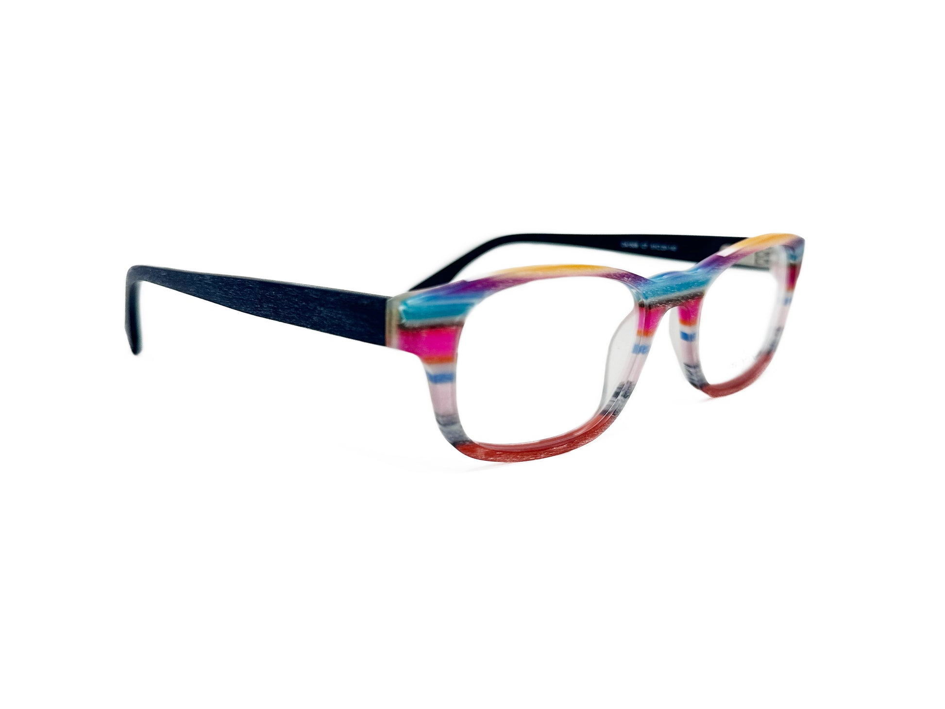 Outspoken rectangular acetate optical frame. Model: OA1508. Color: C& - red, blue, yellow stripes. Side view.