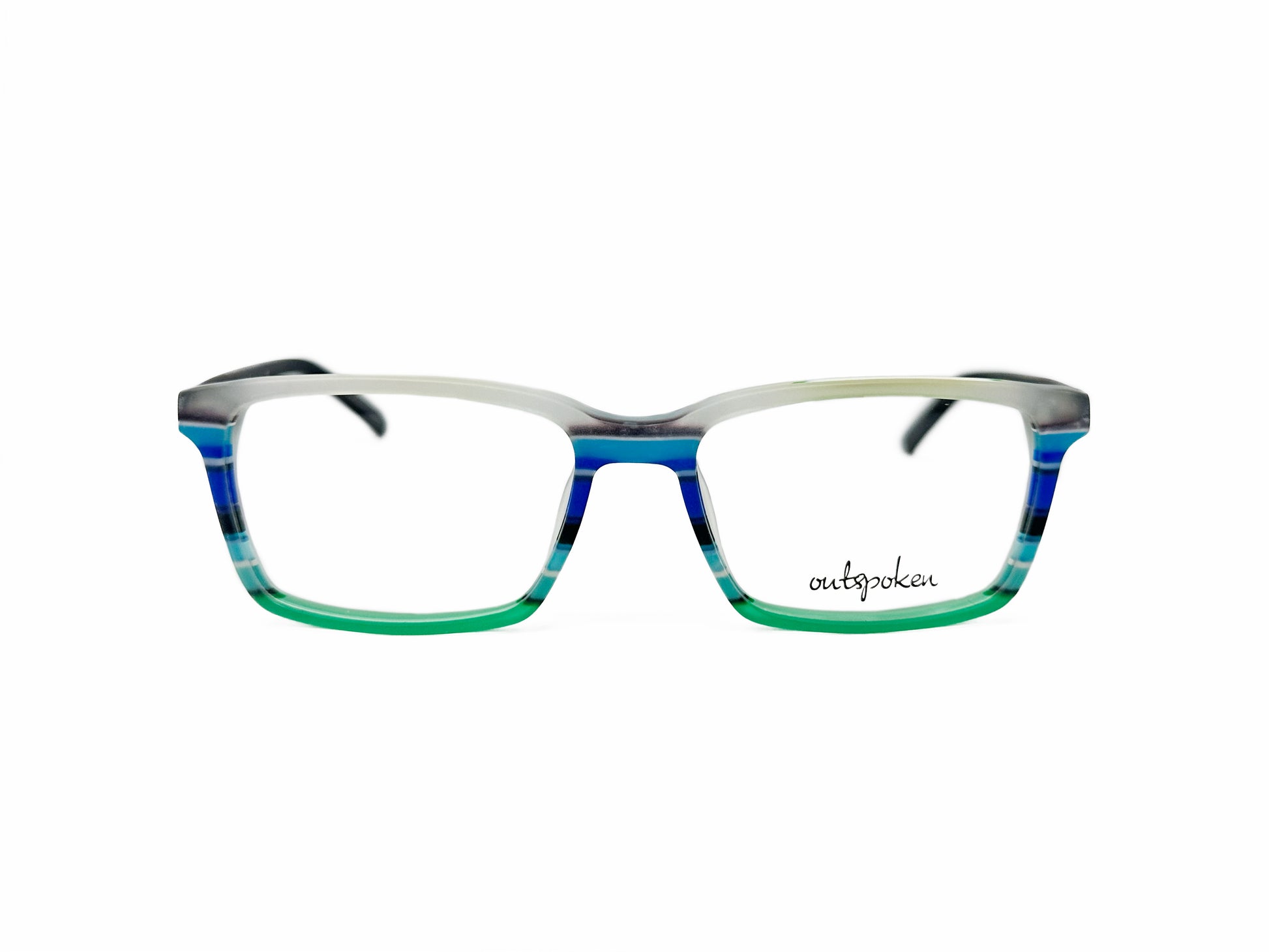 Outspoken rectangular acetate optical frame. Model: OA1603. Color: C03 - Blue, green, and white stripes. Front view. 