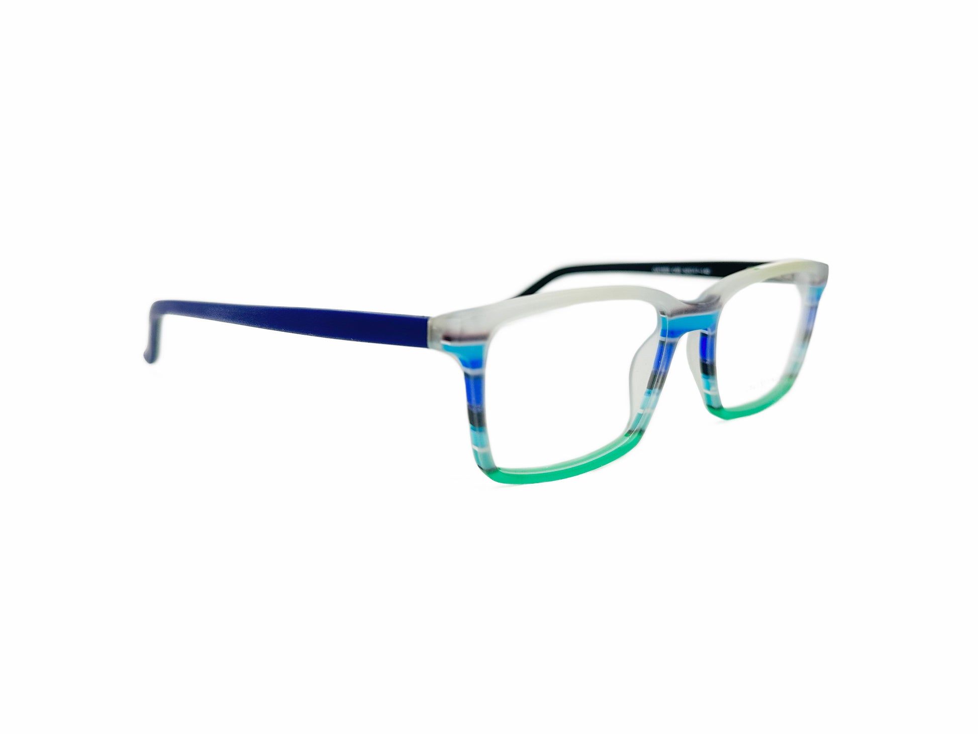 Outspoken rectangular acetate optical frame. Model: OA1603. Color: C03 - Blue, green, and white stripes. Side view.