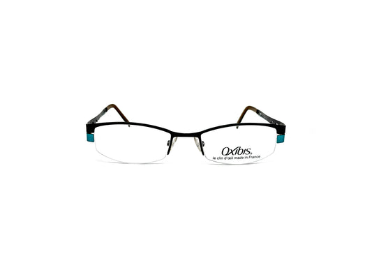 Oxibus half-rim optical frame with metal temples with wavy cut-out design. Model: Akro 02. Color: AK14 - Turquoise. Front view. 