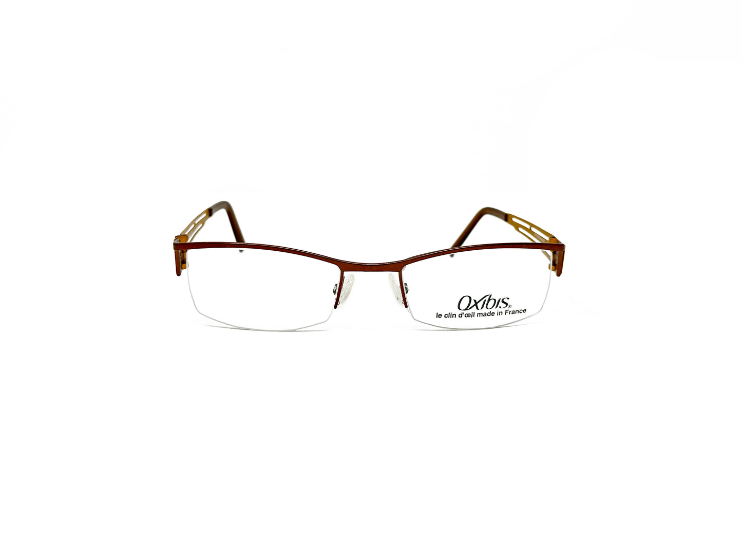Oxibus half-rim optical frame with metal temples with rectangular cutouts. Model: Axys 09. Color: 82T - Golden Bronze. Front view. 