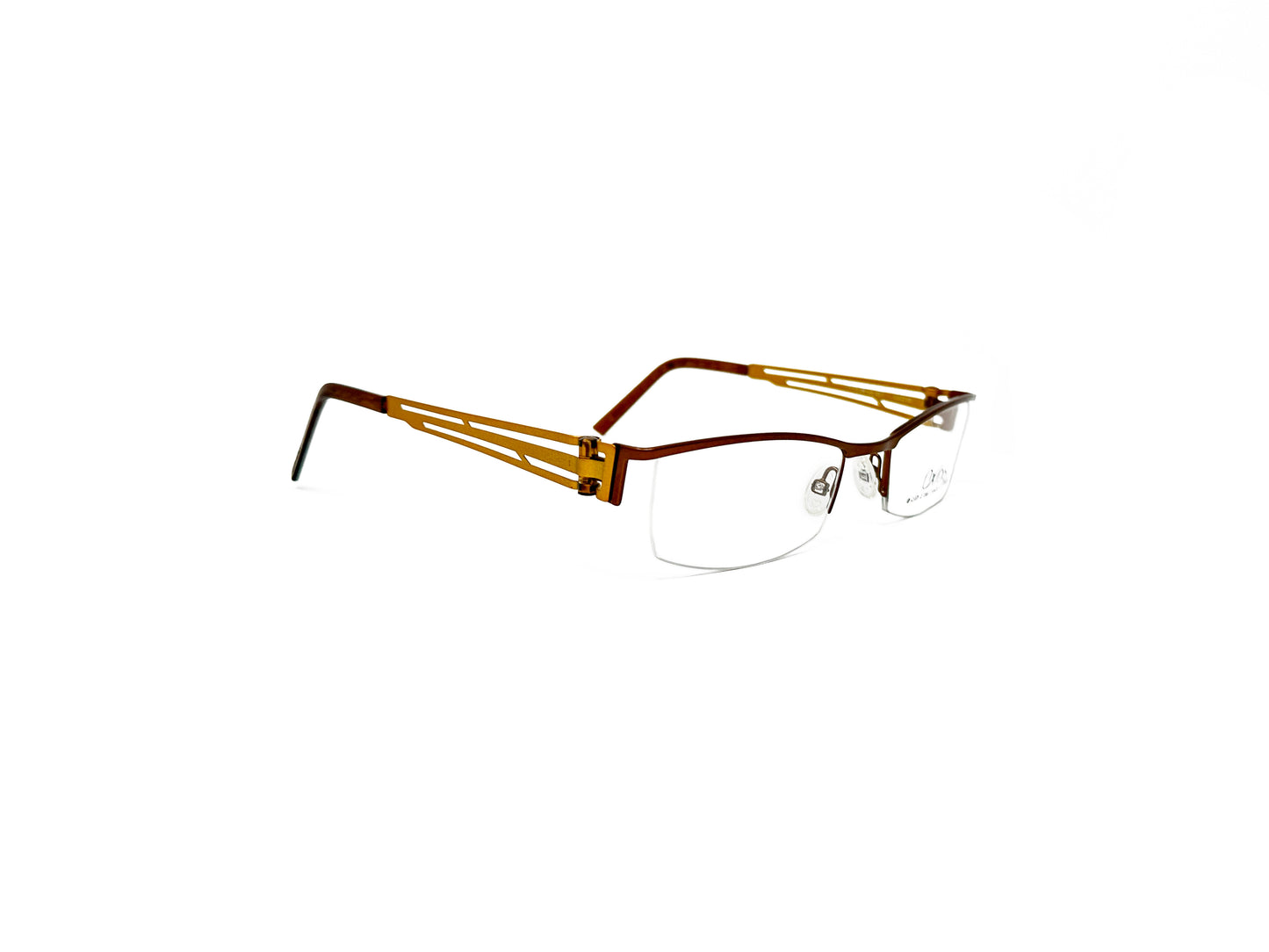 Oxibus half-rim optical frame with metal temples with rectangular cutouts. Model: Axys 09. Color: 82T - Golden Bronze. Side view.