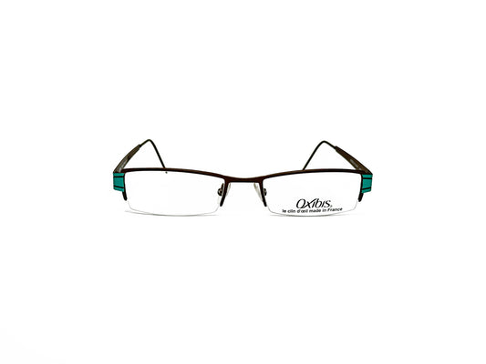 Oxibus half-rim optical frame with metal temples. Model: Mozeo 01. Color: 05R  - Turquoise. Front view. 