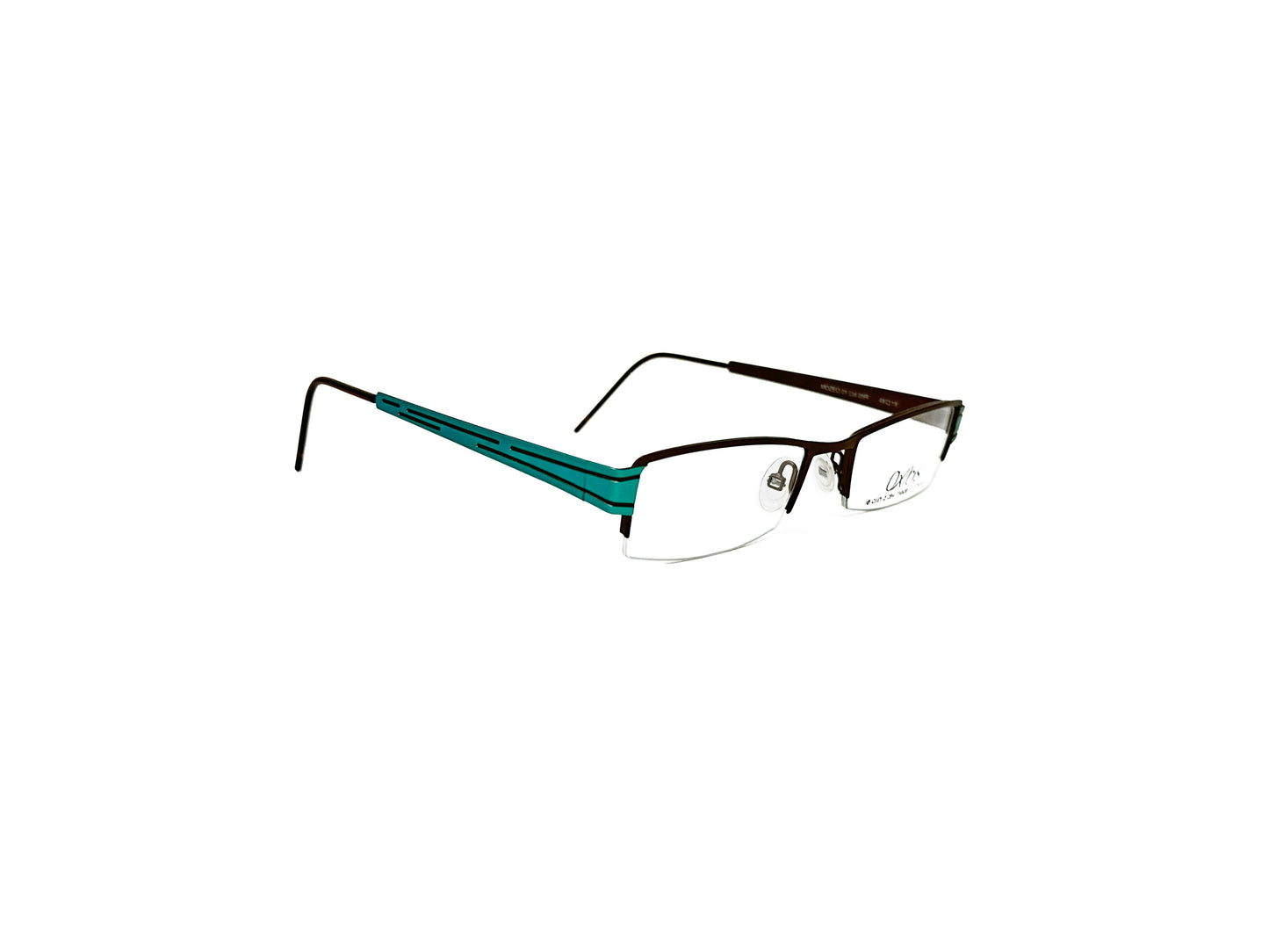 Oxibus half-rim optical frame with metal temples. Model: Mozeo 01. Color: 05R - Turquoise. Side view.