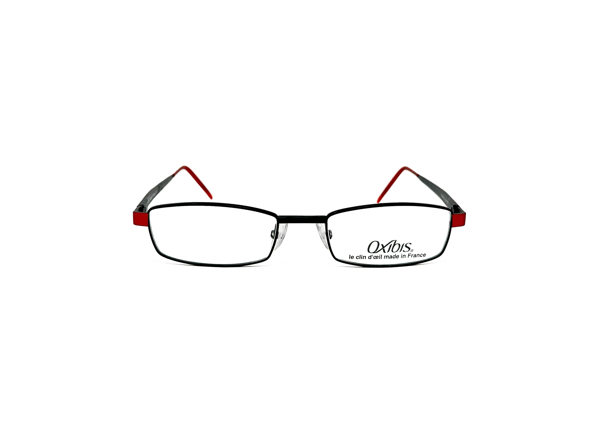 Oxibus rectangular, metal optical frame. Model: Trax01. Color: 01x, black with red temples. Front view. 
