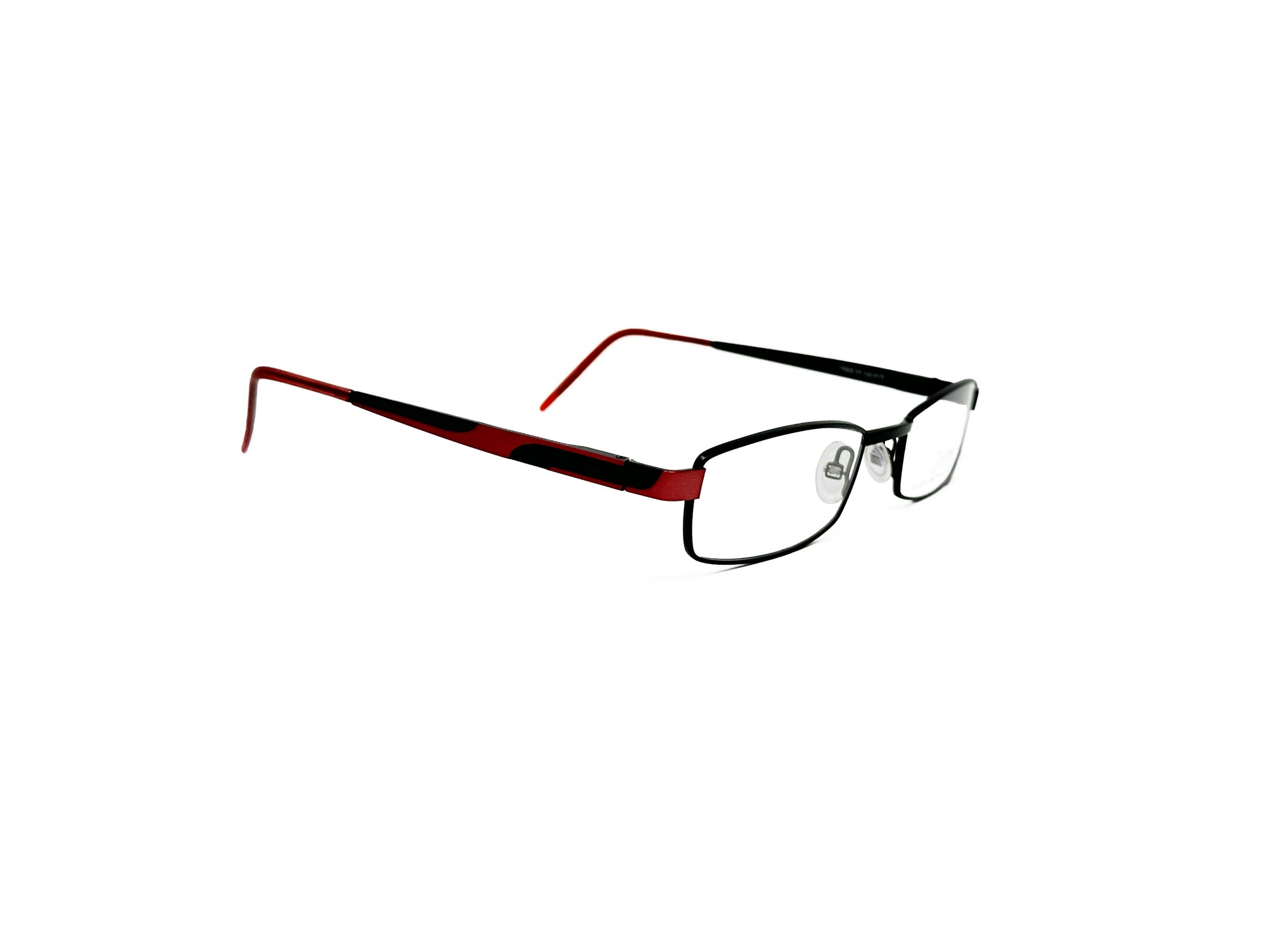 Oxibus rectangular, metal optical frame. Model: Trax01. Color: 01x, black with red temples. Side view. 