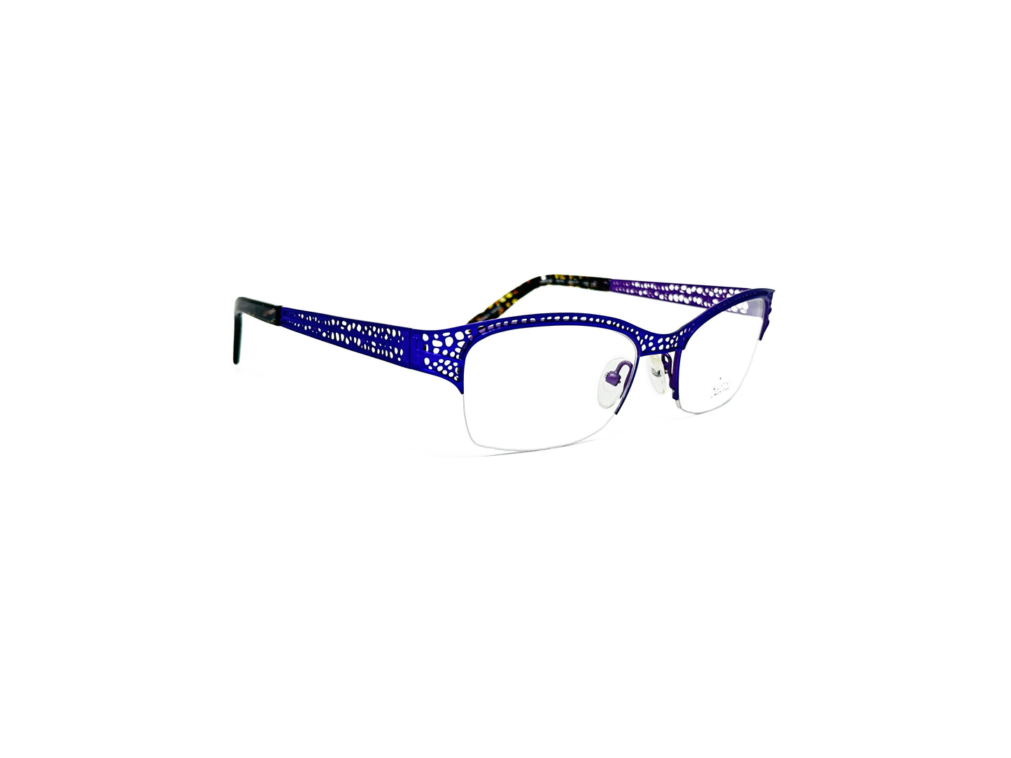 Petite rectangular, half-rim, metal optical frame with oval cut outs. Model:PM008. Color: 2570 Cobalt Blue . Side view.