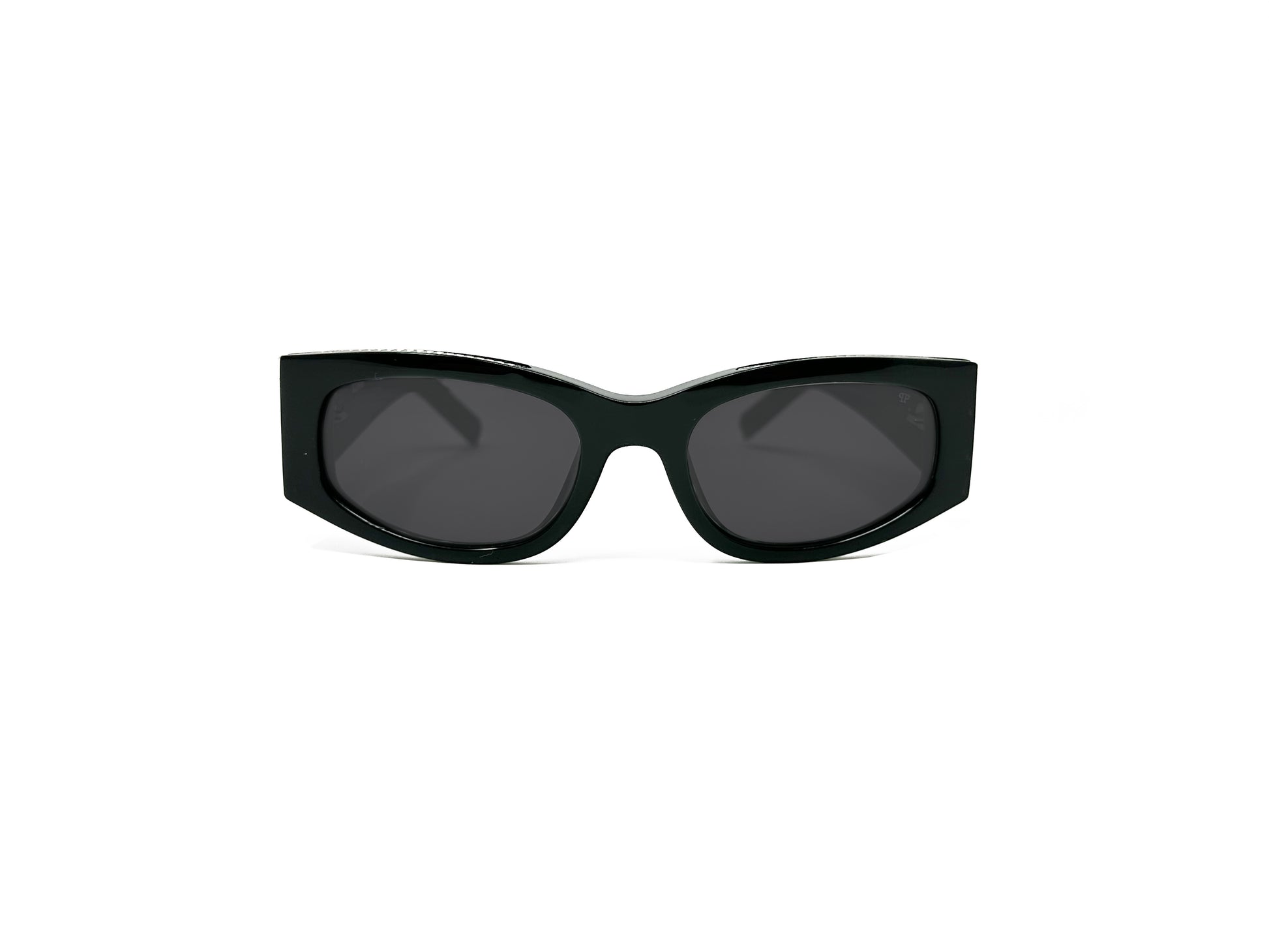 Philipp Plein curved, rectangular, acetate sunglass with an upswept lift and straight sides. Model: Nobile Rome. Color: 0700 Black. Front view.