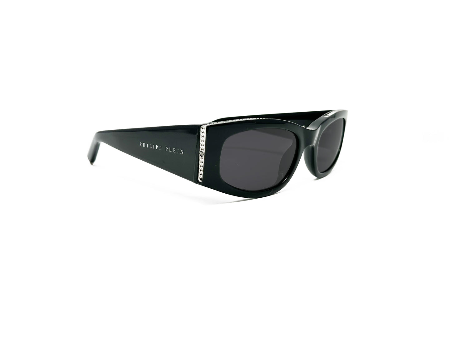 Philipp Plein curved, rectangular, acetate sunglass with an upswept lift and straight sides. Model: Nobile Rome. Color: 0700 Black. Side view.