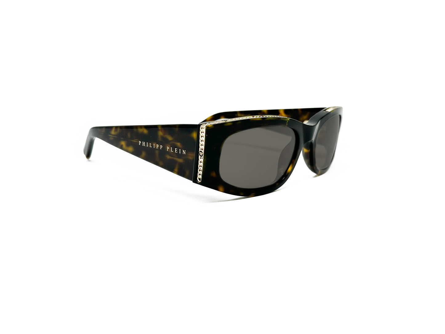 Philipp Plein curved, rectangular, acetate sunglass with an upswept lift and straight sides. Model: Nobile Rome. Color: 0722 Tortoise. Side view.