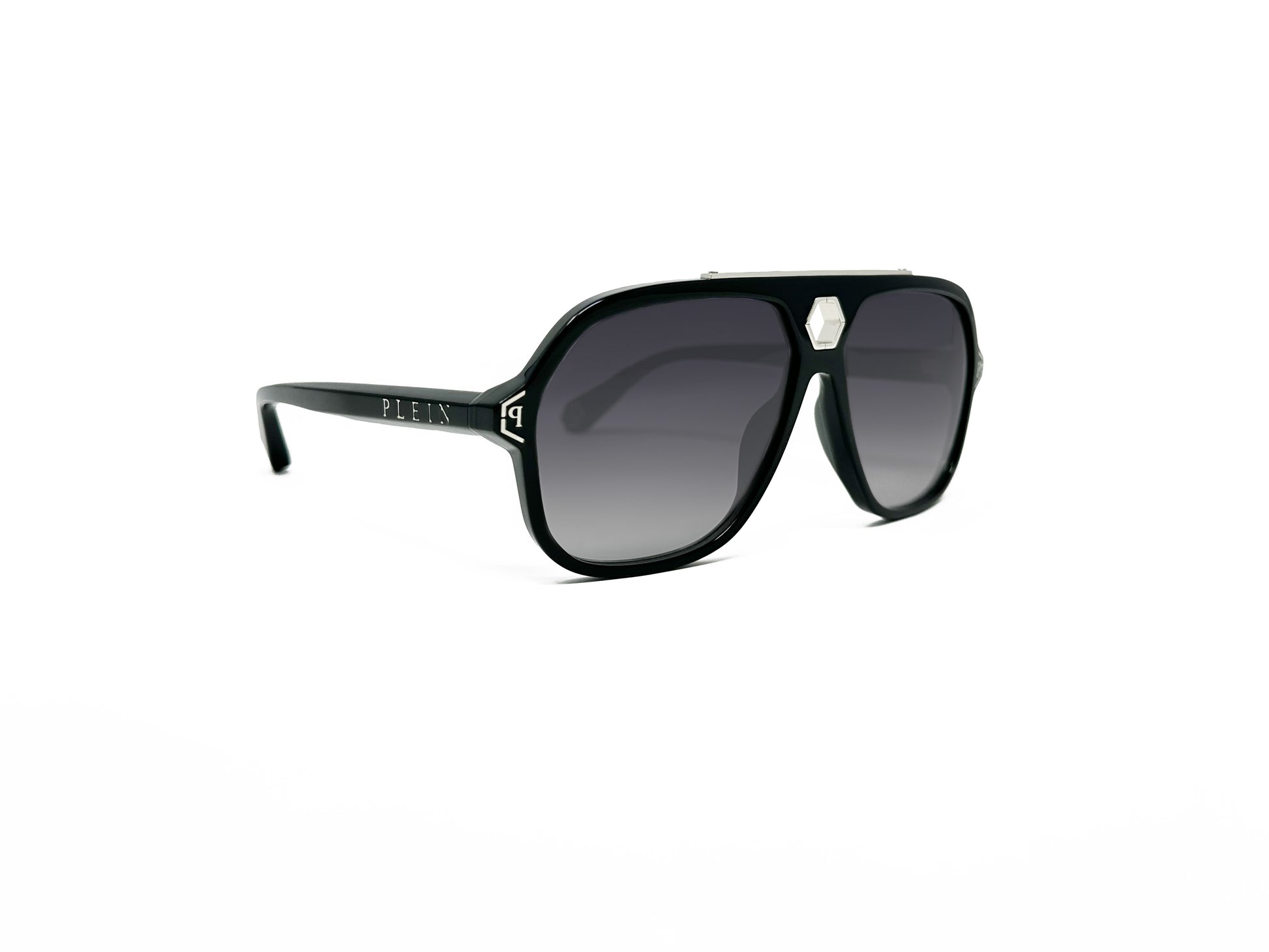 Philipp Plein large, acetate, squared-aviator style sunglass with octagonal cut-out above bridge. Model: Urban Vegas. Color: 0700 - Black. Side view.