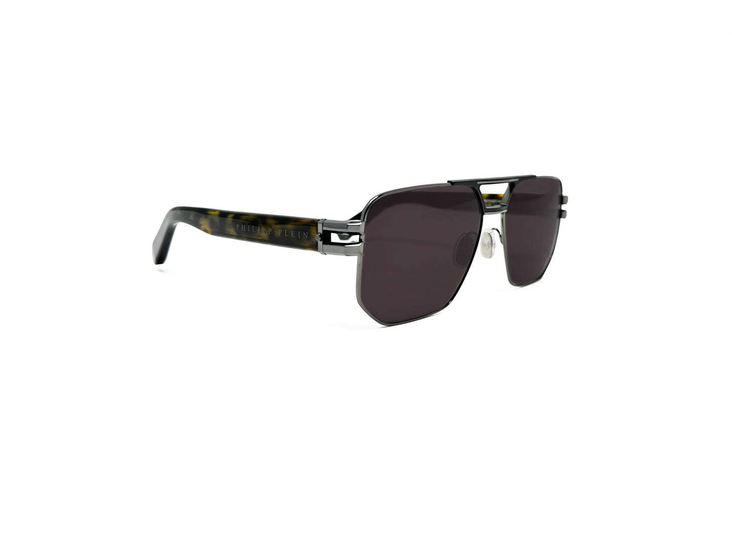 Philipp Plein squared aviator sunglass. Model: SP012 Contemporary. Color: 0584 gunmetal with tortoise temples. Side view.