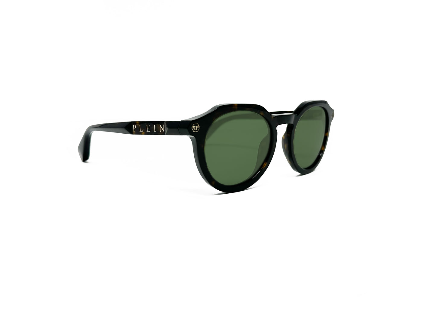 Philipp Plein round acetate sunglass with flat tops and keyhole nose bridge. Model: SPP002. Color: 0722 Tortoise with green lenses. Side view.