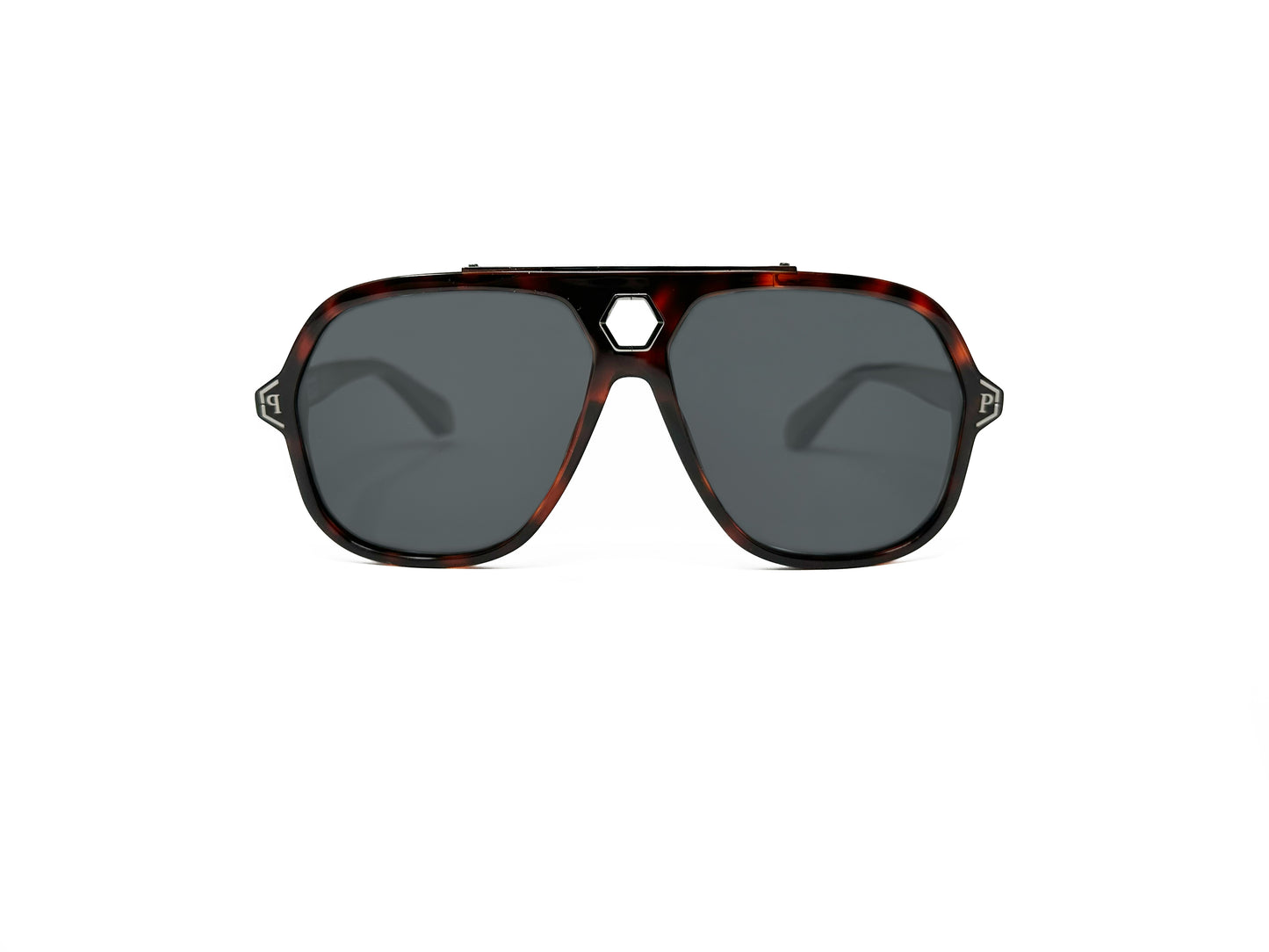Philipp Plein large, acetate, squared-aviator style sunglass with octagonal cut-out above bridge. Model: Urban Vegas. Color: 9ATP - Tortoise. Front view. 