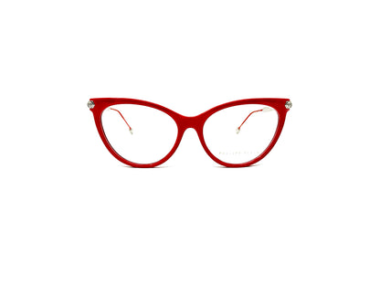 Philipp Plein cat-eye optical frame. Model: VPP037S Flawless. Color: 02GH Red with silver accents. Front view.