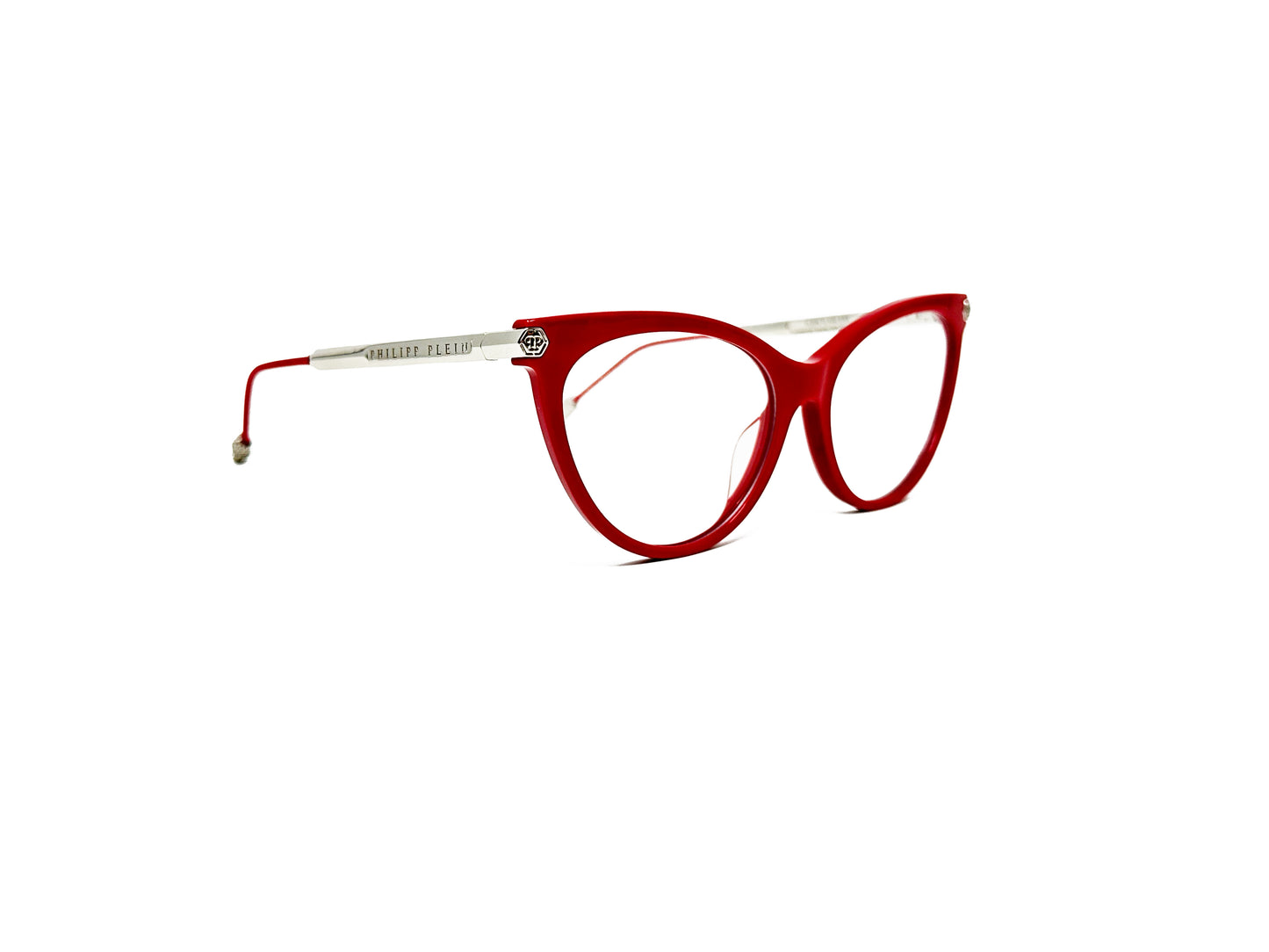 Philipp Plein cat-eye optical frame. Model: VPP037S Flawless. Color: 02GH Red with silver accents. Side view.