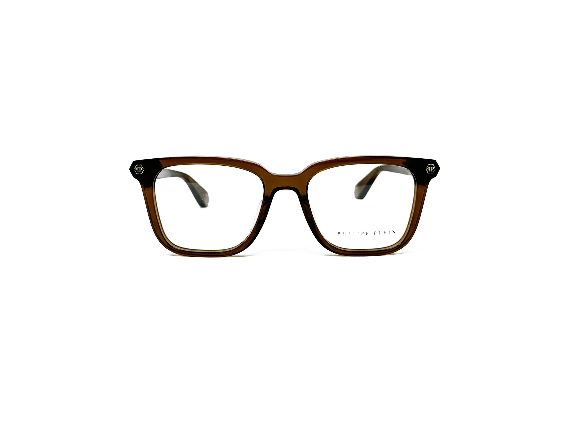 Philipp Plein square acetate optical frame. Model: VPP015 First Touch. Color: 03GE Semi-transparent brown. Front view. 