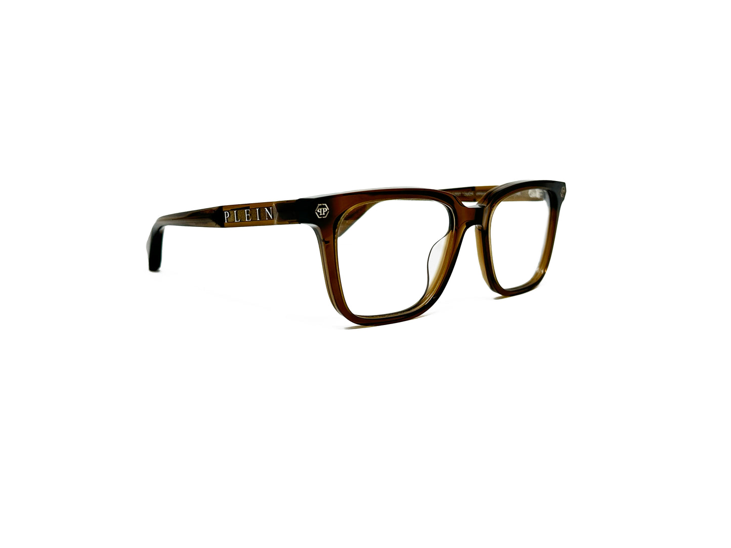 Philipp Plein square acetate optical frame. Model: VPP015 First Touch. Color: 03GE Semi-transparent brown. Side view.