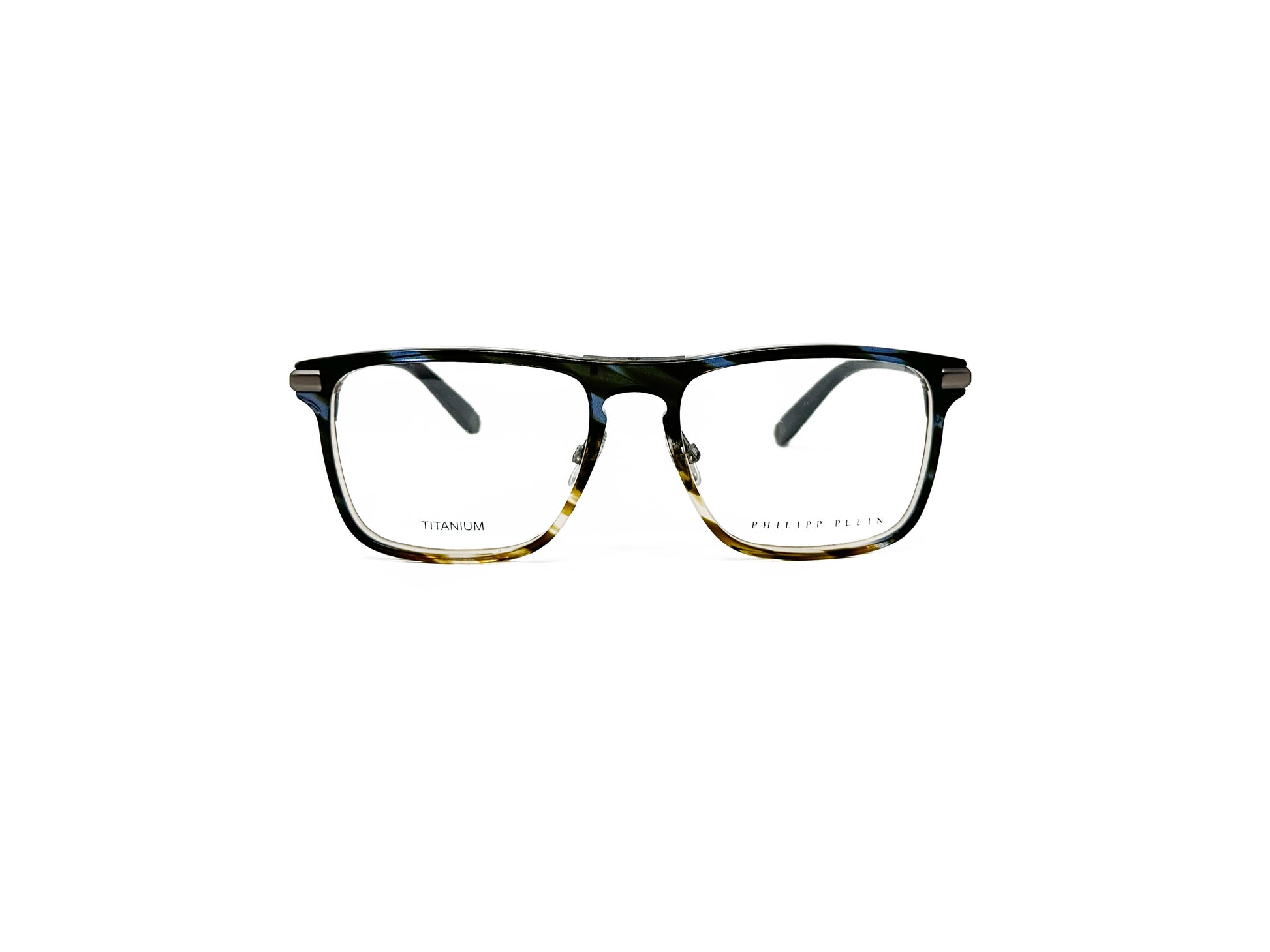 Philipp Plein rectangular acetate optical frame with keyhole bridge. Model: VPP019 First Love. Color: 09N3 Brown and blue. front view. 