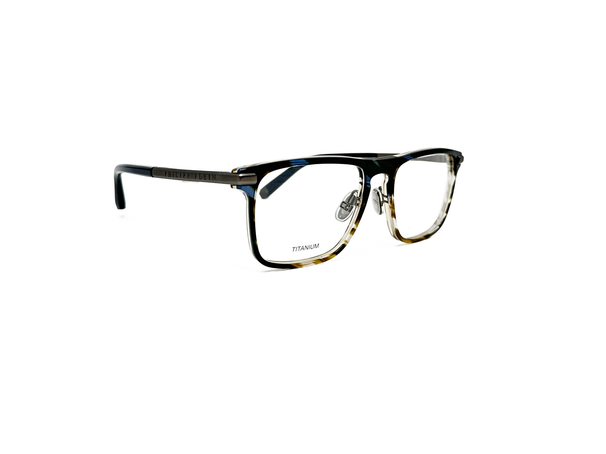 Philipp Plein rectangular acetate optical frame with keyhole bridge. Model: VPP019 First Love. Color: 09N3 Brown and blue. Side view.