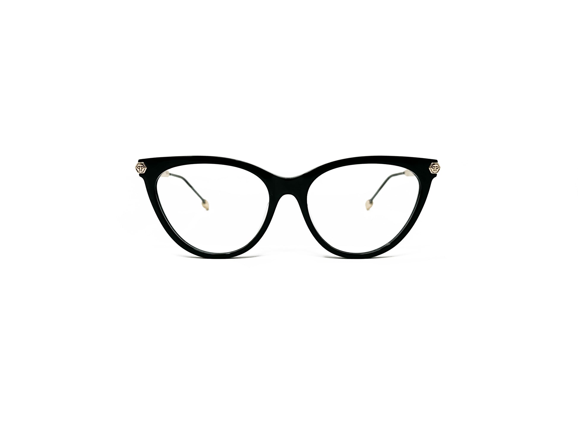 Philipp Plein cat-eye optical frame. Model: VPP037S Flawless. Color: 0700 Black with gold accents. Front view.