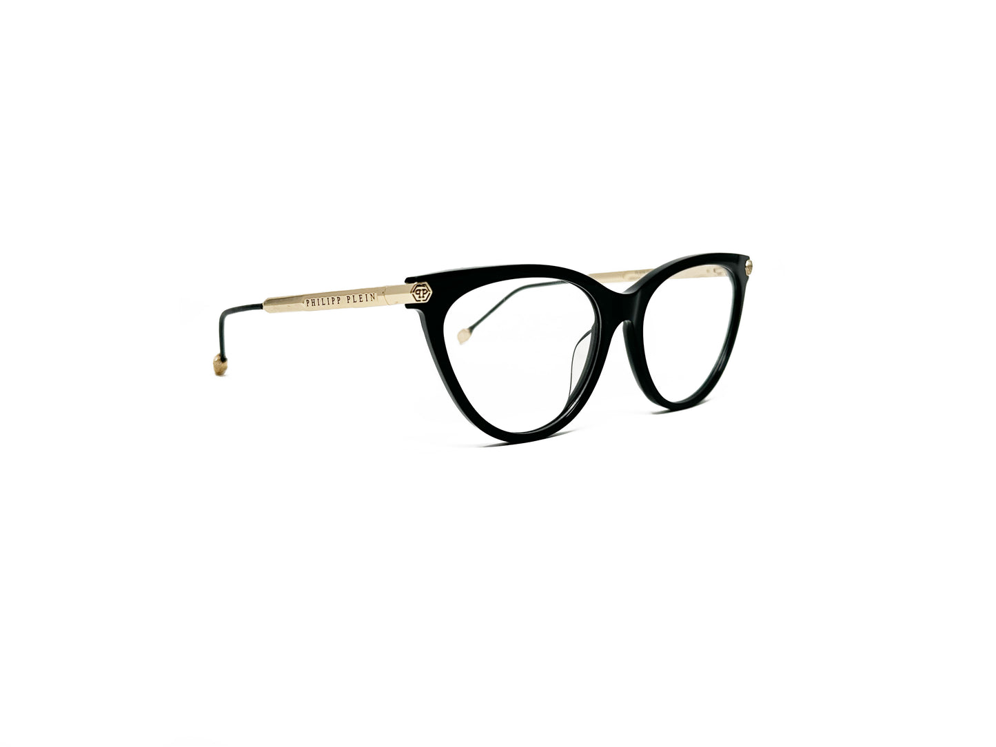 Philipp Plein cat-eye optical frame. Model: VPP037S Flawless. Color: 0700 Black with gold accents. Side view.